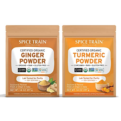 Organic Ginger Powder & Turmeric Powder Combo (14oz Each) - SPICE TRAIN | Premium Cooking Spices for Baking, Tea, Curry & Healthy Recipes