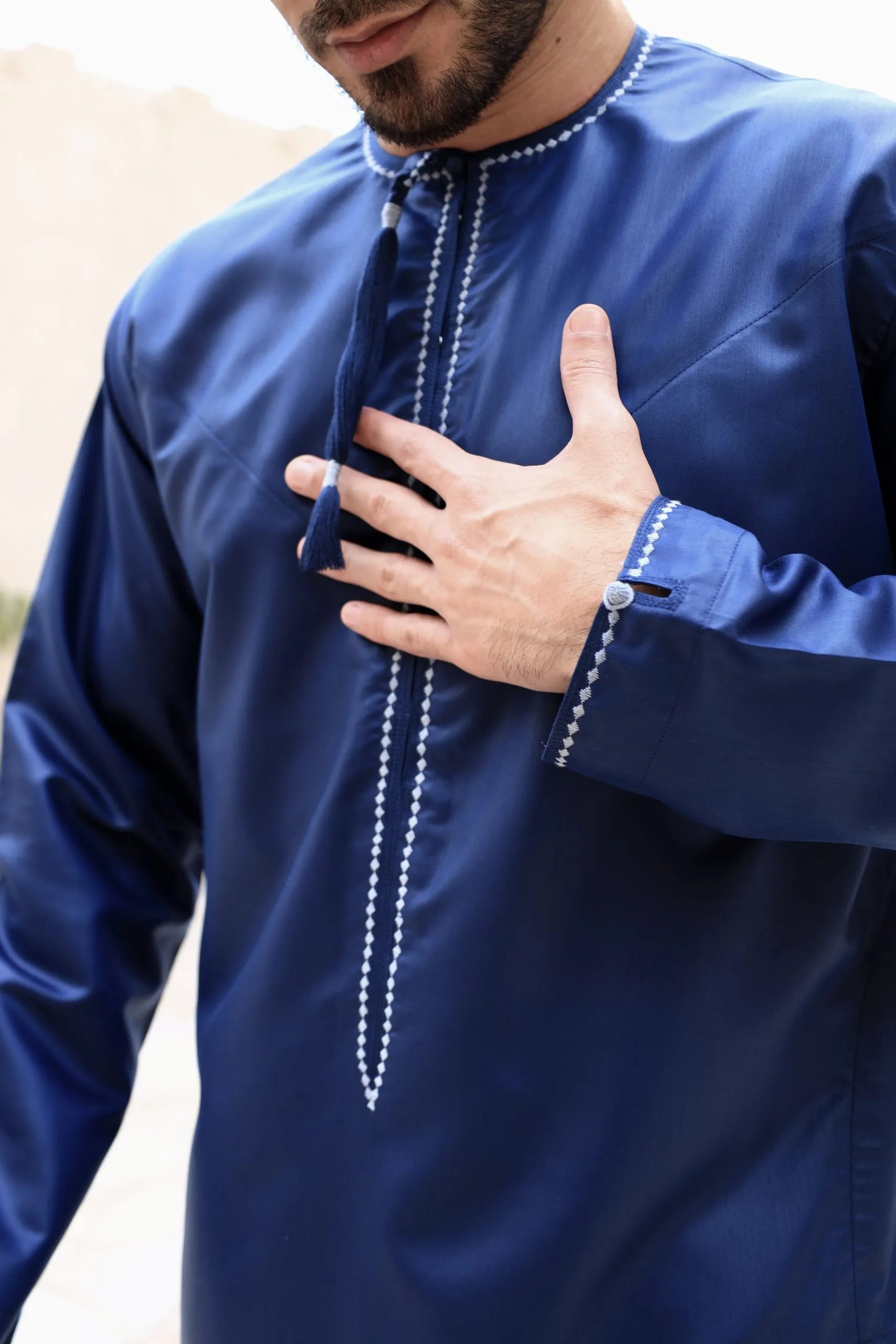 Embroidered Al Aniq Thobe for Men - Premium Islamic Jubbah in Blue - Perfect for Eid, Ramadan & Special Occasions