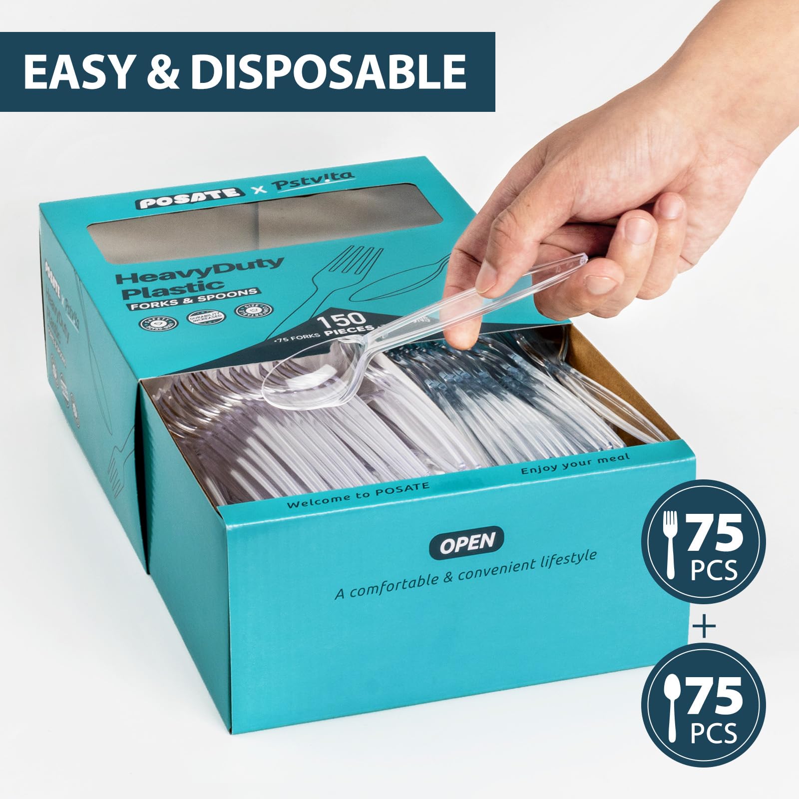 Premium 150-Piece Disposable Plastic Cutlery Set - 75 Clear Forks & 75 Spoons | Heavy Duty Silverware for Parties, Picnics, BBQs & Catering Events | BPA-Free Utensils for Home, Office & Outdoor Use