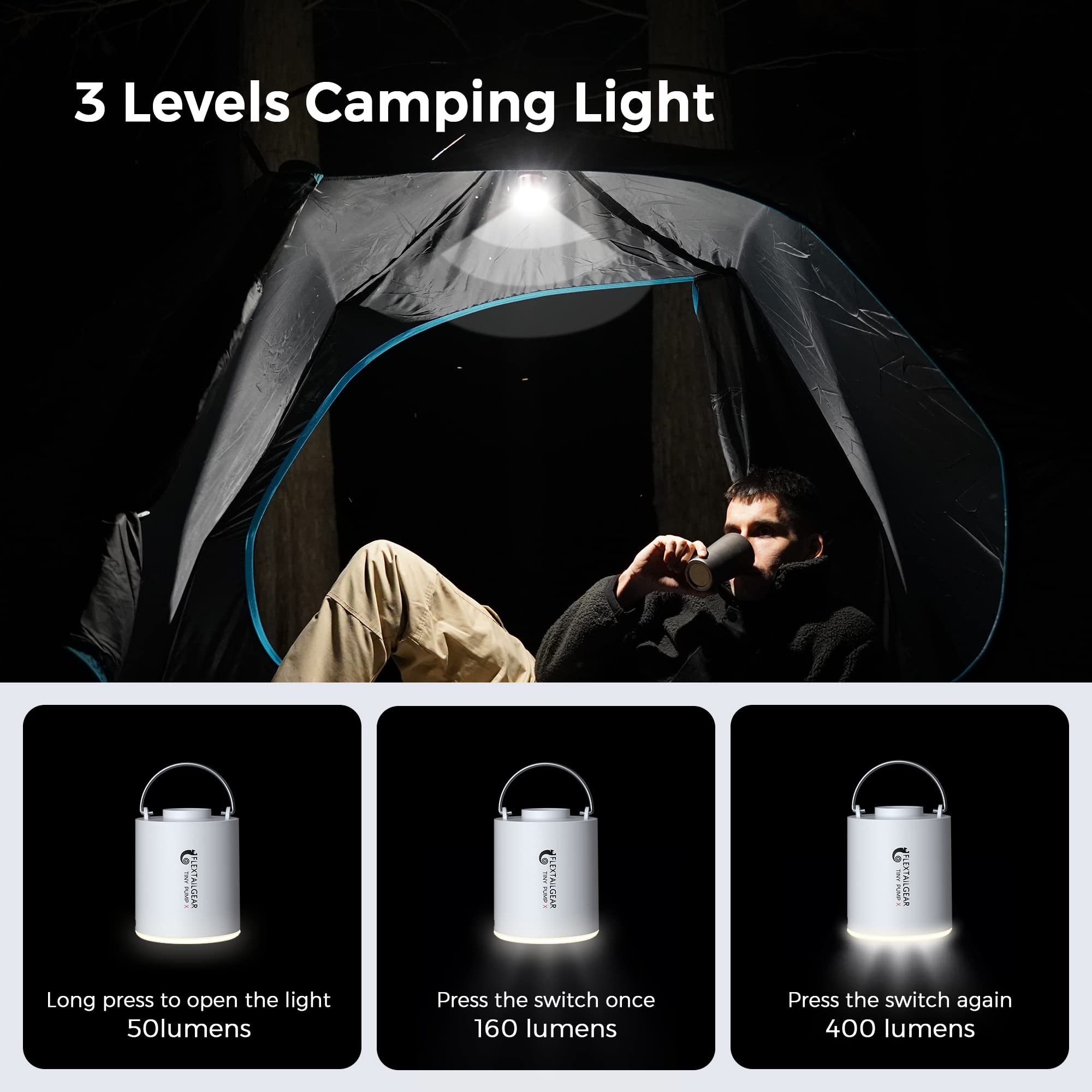 FLEXTAILGEAR Tiny Pump X - Portable Air Pump & Camping Light with 1300mAh Battery | USB Rechargeable for Inflating Sleeping Pads, Pool Floats, Air Beds, Mattresses | Perfect for Camping, Travel, Beach & Pool Parties (Blue)