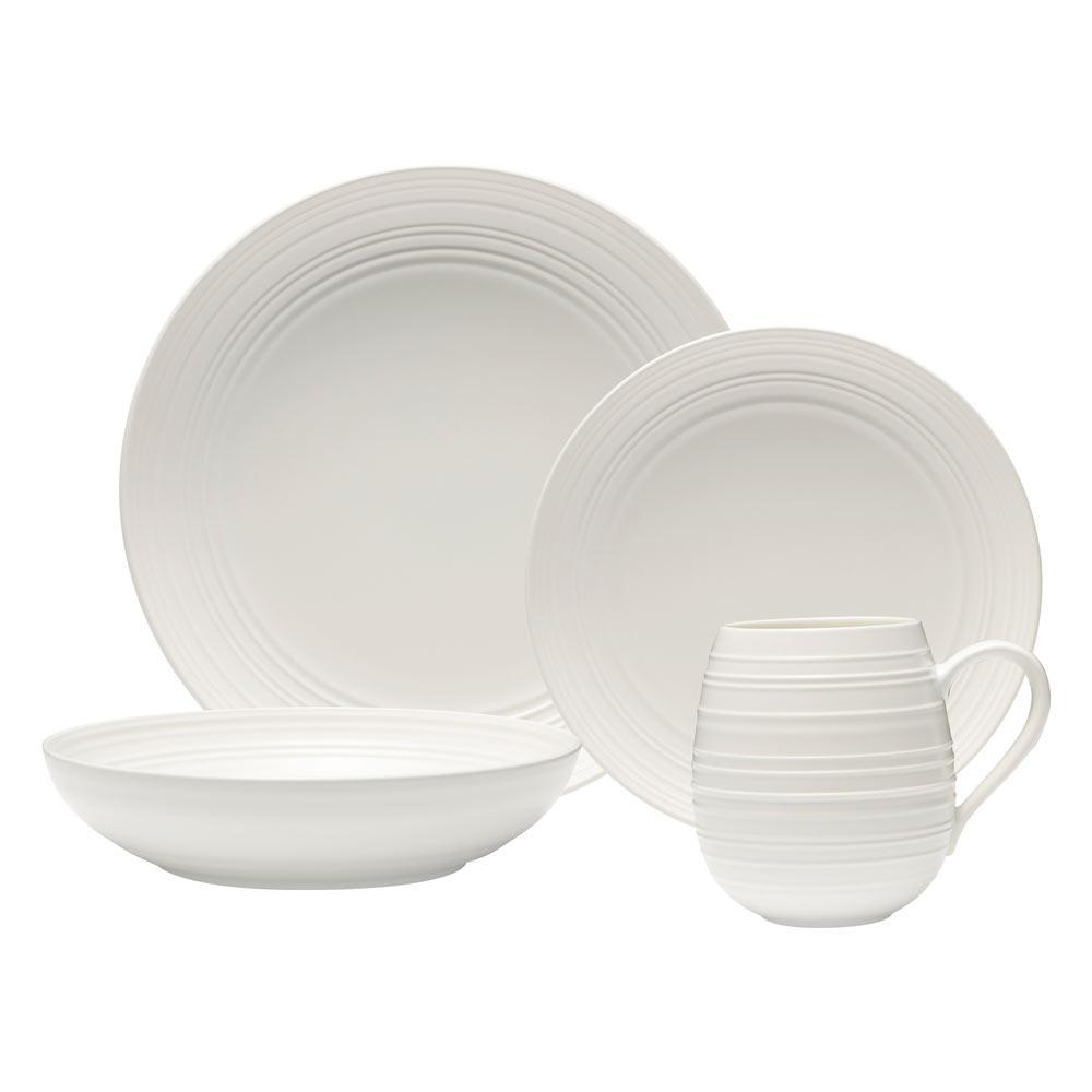 Swirl White 16-Piece Dinnerware Set - Service for 4, Porcelain Plates Bowls & Mugs - Elegant Tableware for Dining, Entertaining & Everyday Use