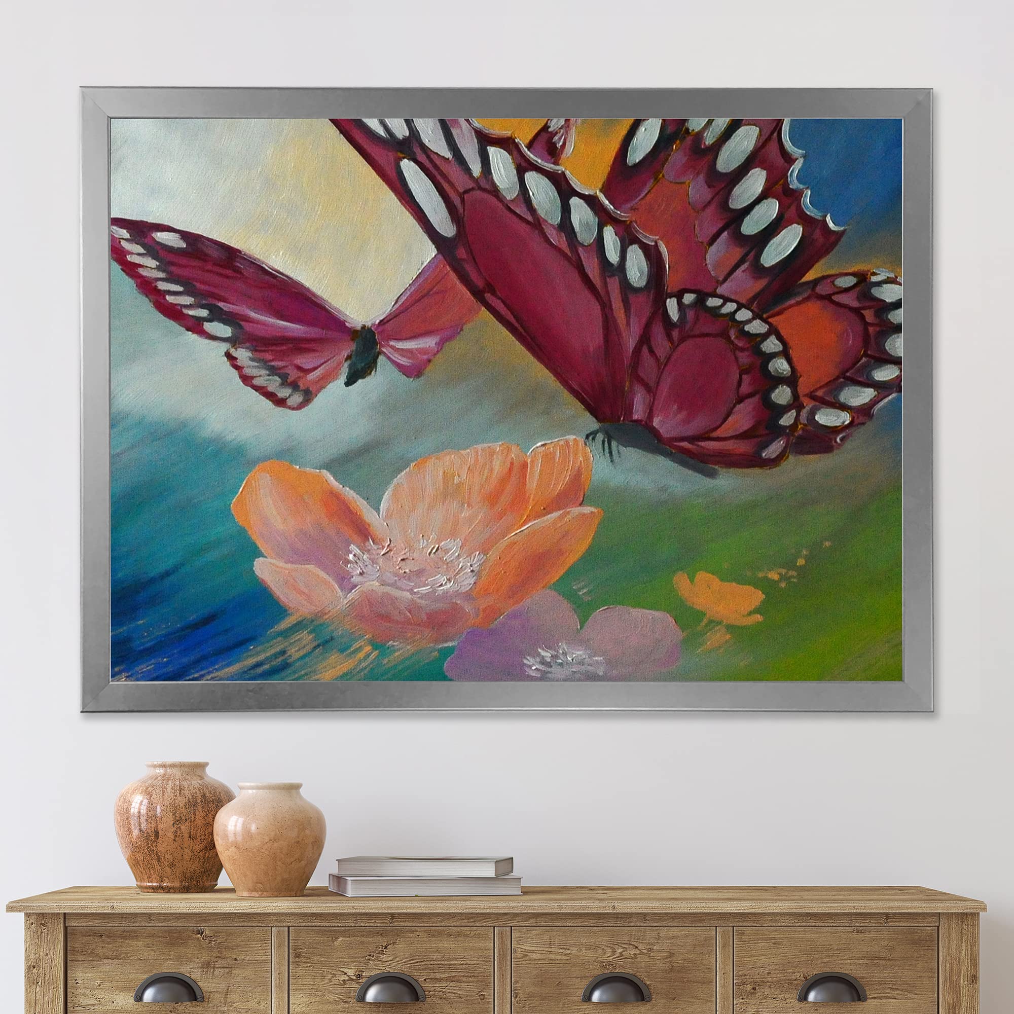 Butterfly on Pink Flowers Traditional Framed Wall Art - Elegant Home Decor for Living Room, Bedroom & Office - Perfect Gift for Housewarming & Wedding