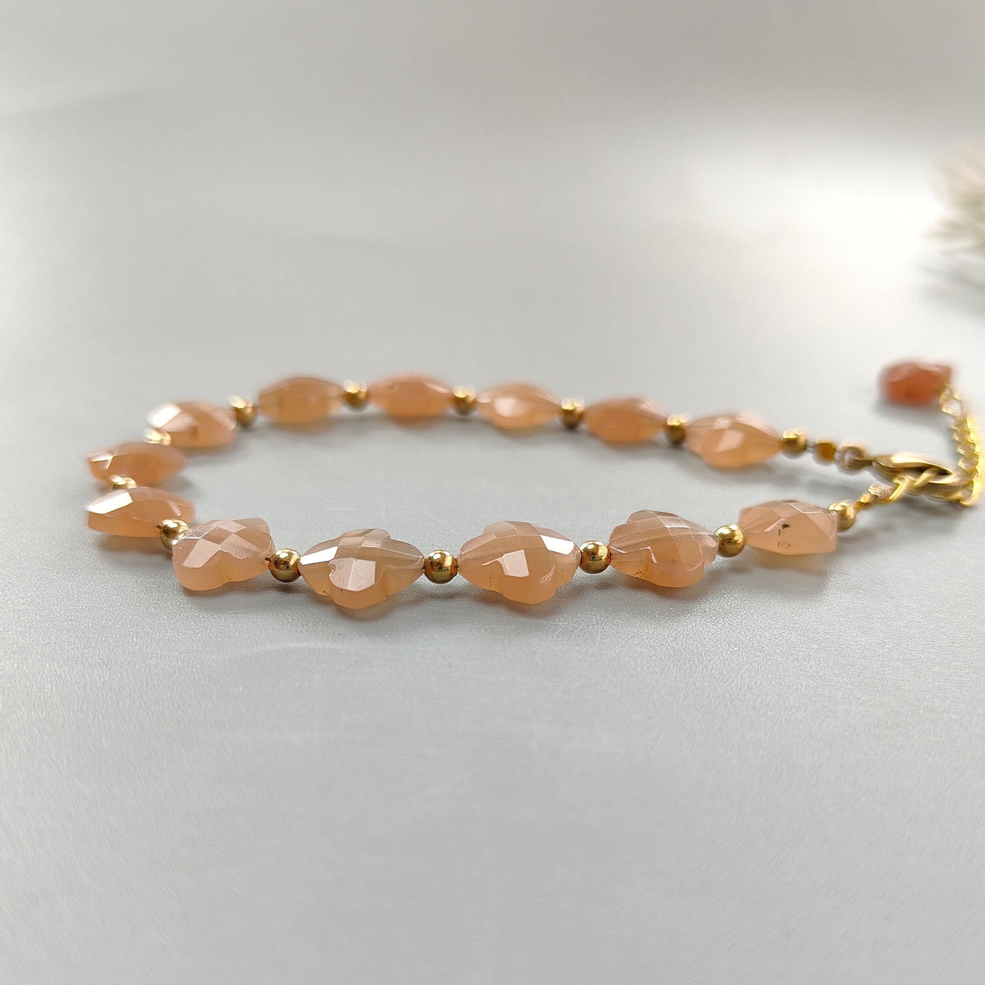 Natural Peach Moonstone Beaded Bracelet - 43.55cts Untreated Faceted Checker Cut Moonstone with Brass Accents (9mm, 6.5+2 Inch) | Elegant Jewelry for Women, Boho Chic Accessory, Gift for Her, Yoga & Meditation Bracelet