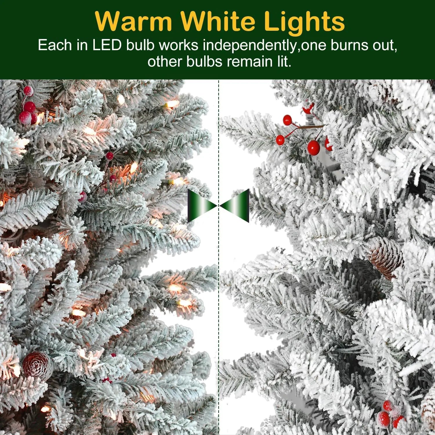 6.5'/7.5' Pre-Lit Snow Flocked Artificial Fir Christmas Tree with Pine Cones & Berries - PVC Branch Tips, Warm White LED Lights, Metal Stand & Hinged Branches for Holiday Home Decor, Office & Christmas Party Decoration