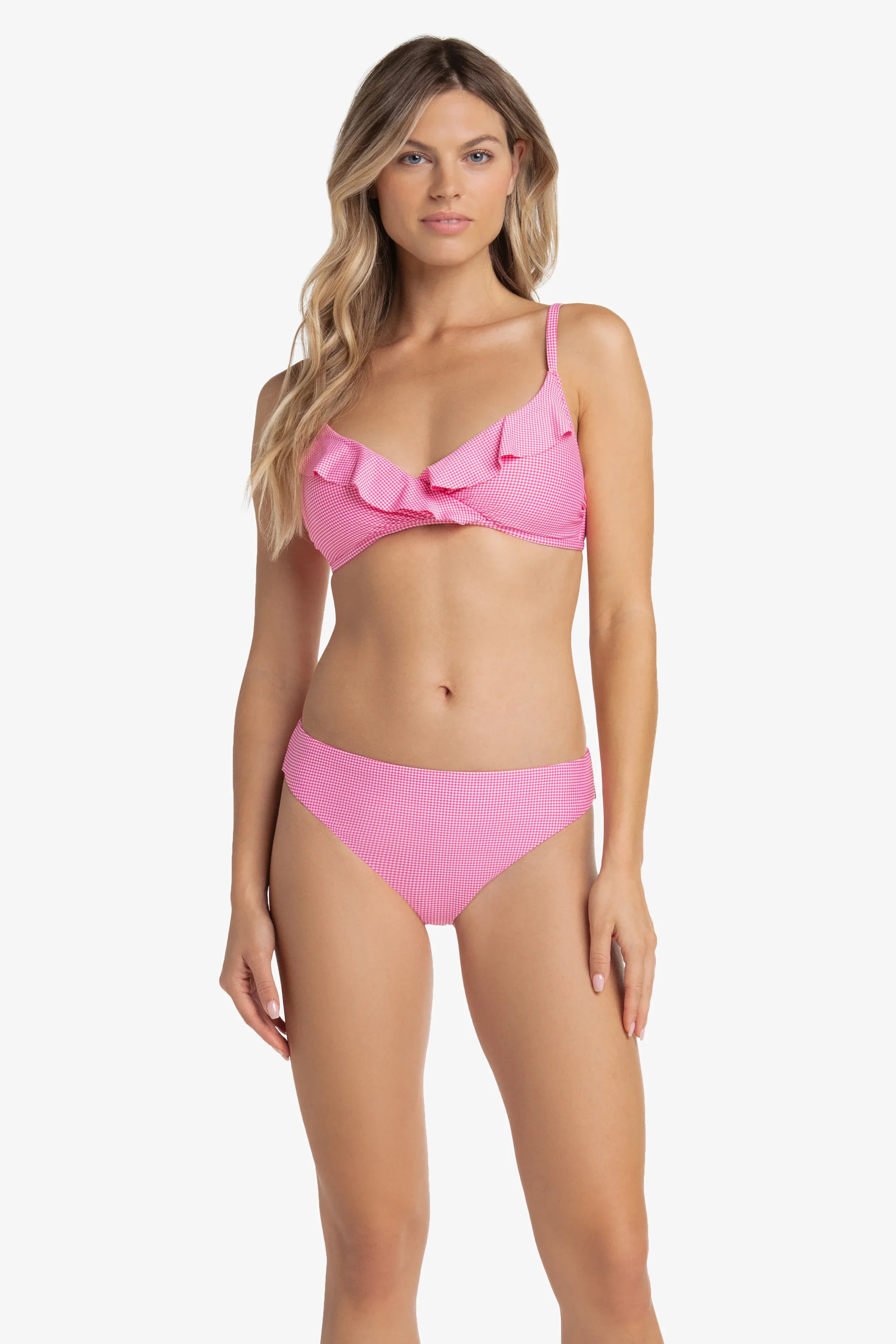 Ruffled Shirred Cross Over Bra - Pink Gingham Bralette for Women | Comfortable Lace Underwear for Everyday Wear & Date Nights