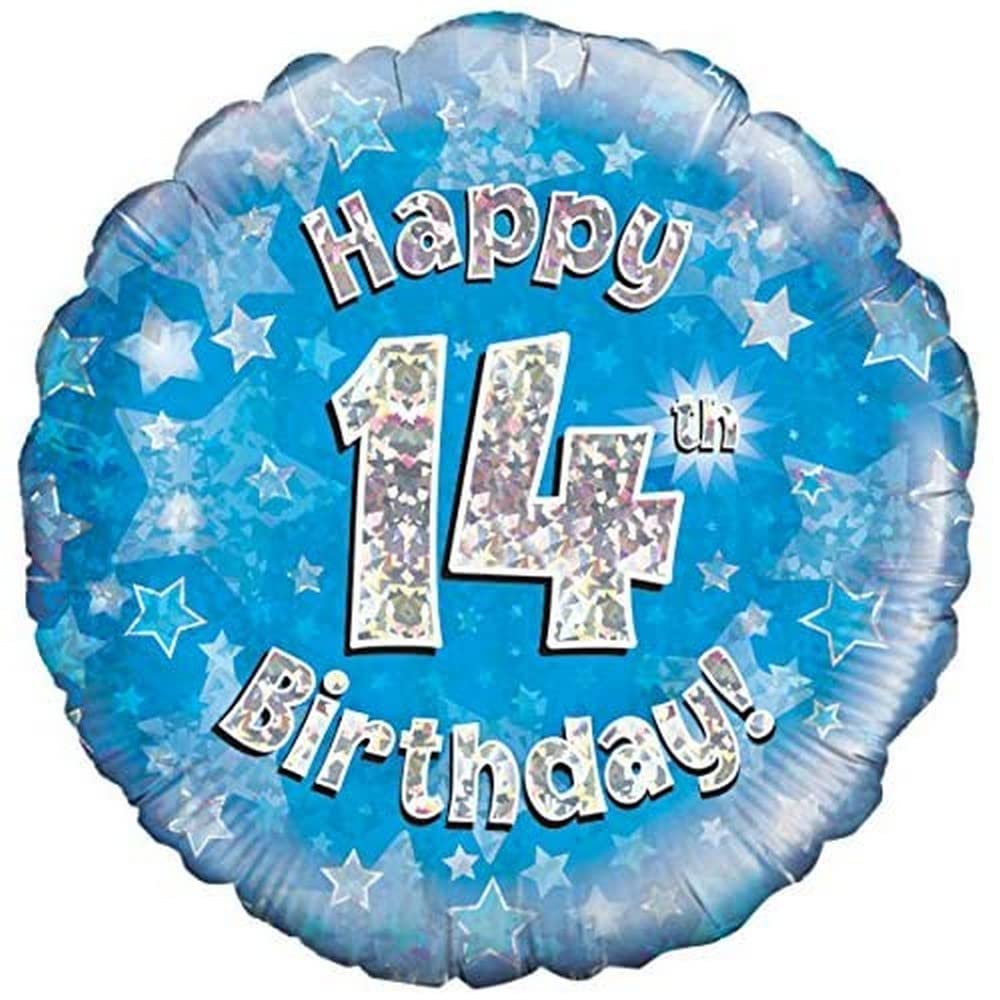 Oaktree UK 18-Inch Happy 14th Birthday Holographic Foil Balloons - Blue Party Decorations for Teens, Birthday Celebrations & Special Events