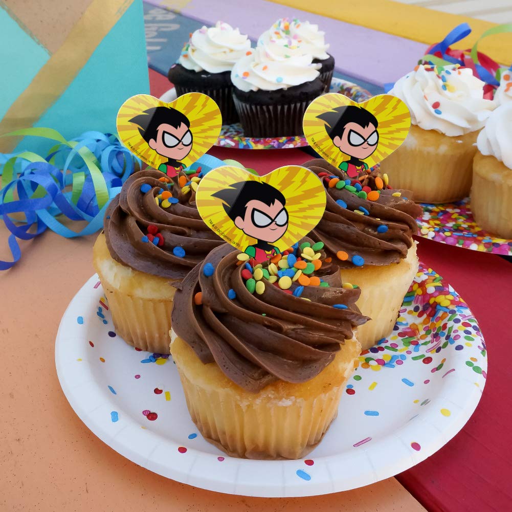 Teen Titans Go! Robin Heart Love Cupcake Toppers - Set of 6 for Birthday Party Decorations, Wedding Favors & Baking Supplies