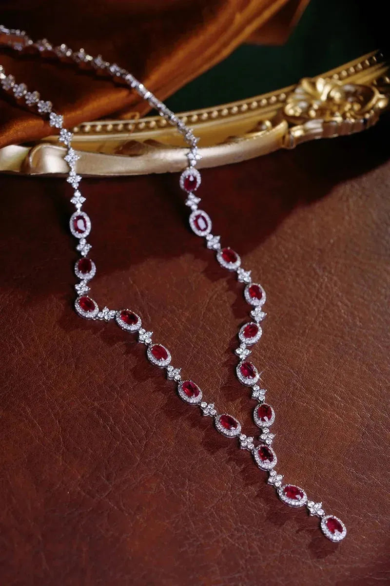 18K White Gold Diamond and Ruby Necklace for Women - Luxury Shiny Design with Natural Stones - Perfect for Parties, Weddings & Special Occasions