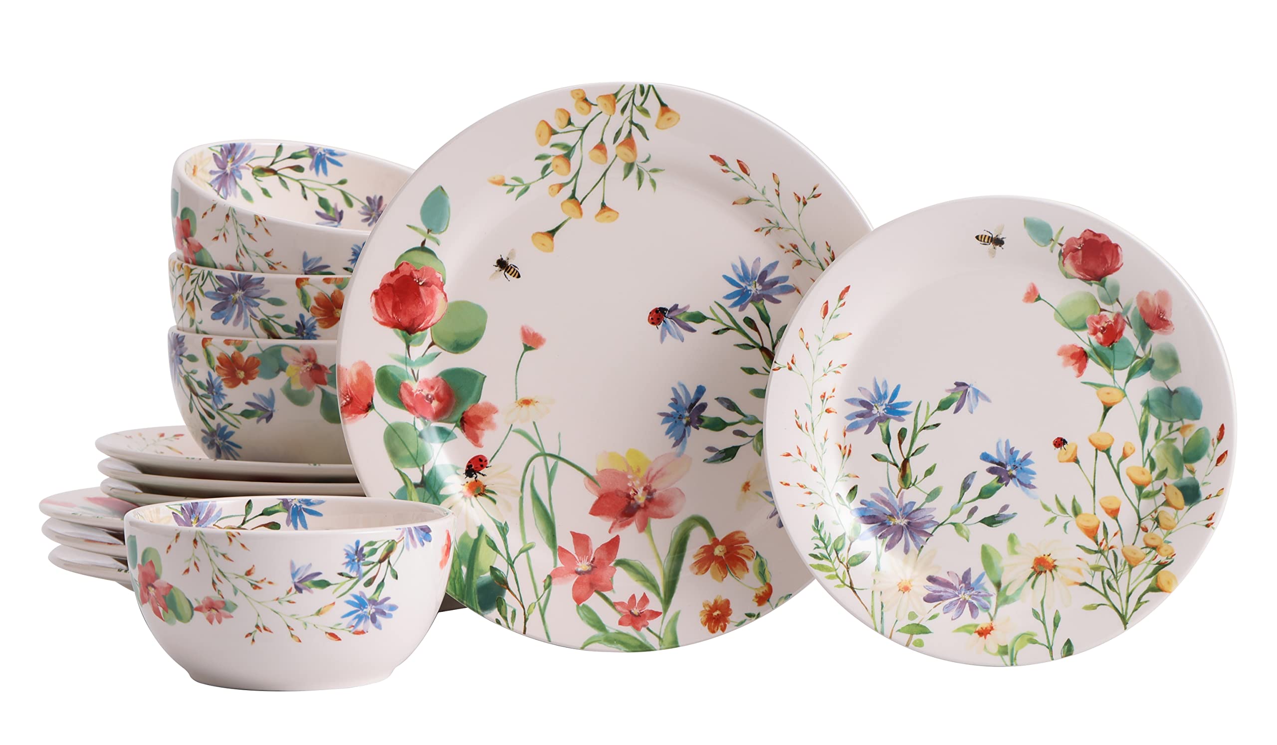 Bico Summer Provence Ceramic 12-Piece Dinnerware Set - Service for 4 with 11-Inch Dinner Plates, 8.75-Inch Salad Plates & 26-Oz Bowls - Microwave & Dishwasher Safe - Perfect for Parties, Family Dinners & Everyday Use