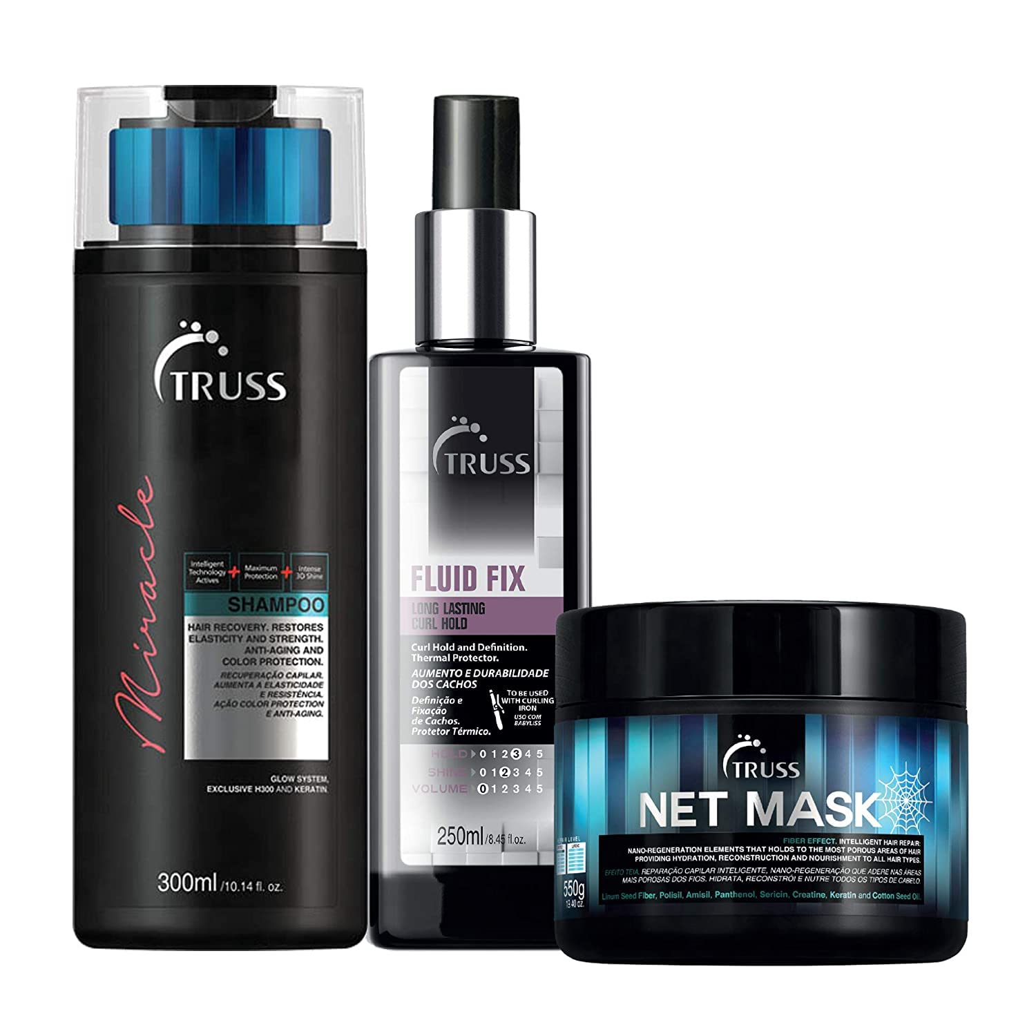 TRUSS Net Mask - Intensive Repair Hair Mask Bundle with Fluid Fix Leave-In Heat Protectant Styling Spray & Miracle Shampoo | Deep Conditioning Treatment for Damaged Hair | Salon-Quality Hair Care for Dry, Frizzy & Color-Treated Hair