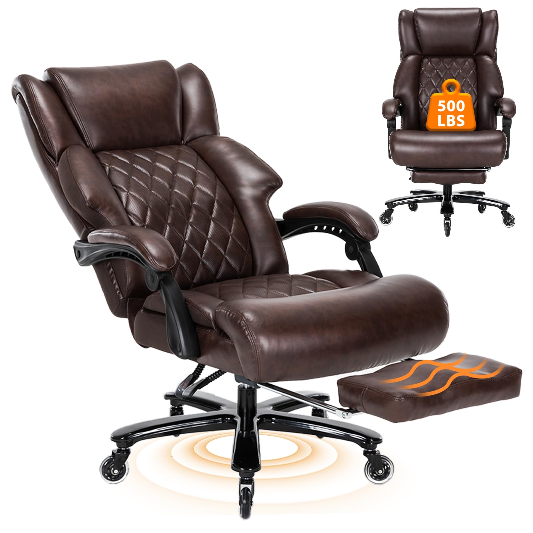 500 LBS Heavy Duty Big and Tall Office Chair with Adjustable Footrest - High Back Ergonomic Executive Chair for Heavy People - Reclining Computer Desk Chair for Home Office (Brown) - Perfect for Long Work Hours and Gaming Sessions