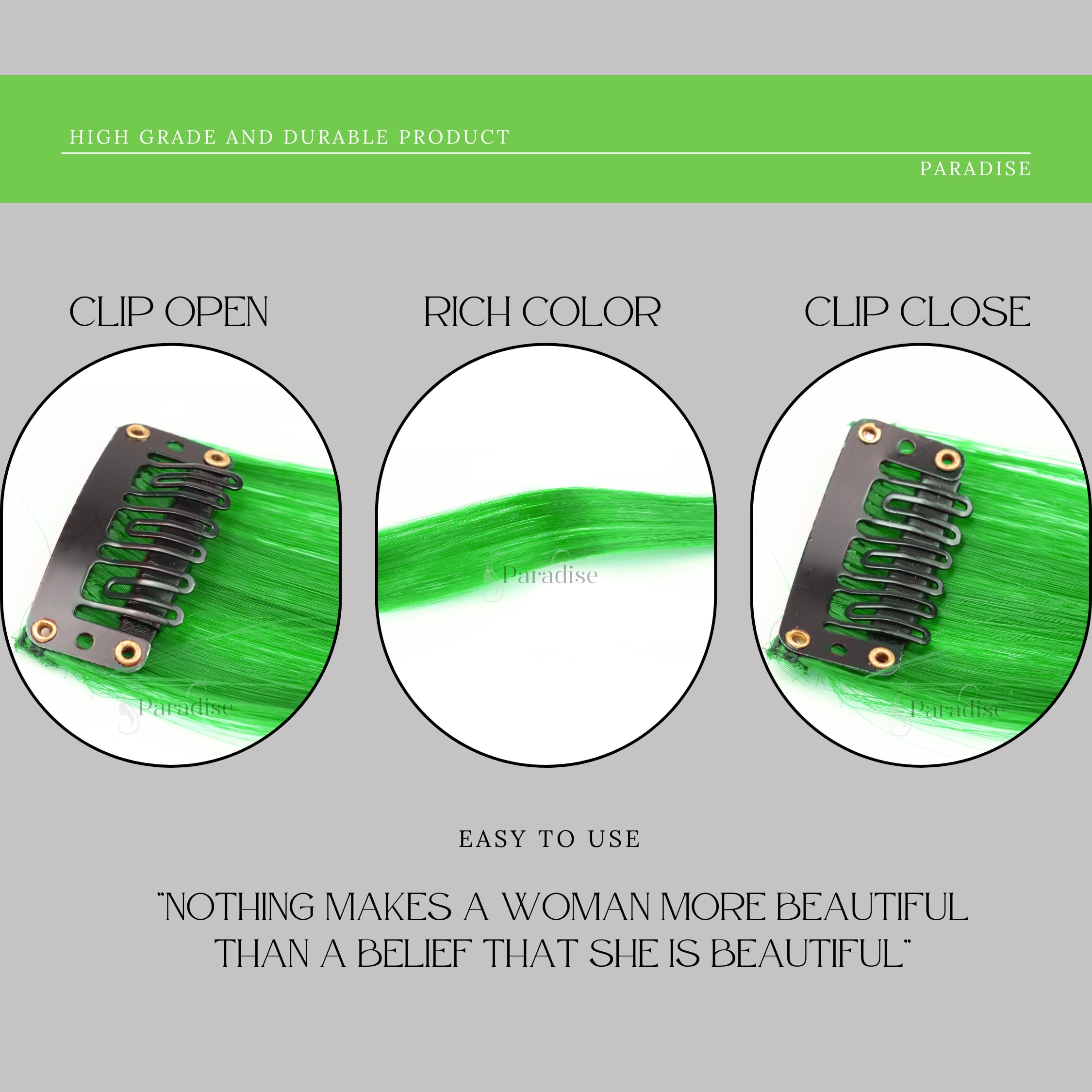 Paradise® Green Synthetic Hair Extensions 22 Inches - 6 Pack Clip-in Straight Hair Streaks for Women & Girls | Fun Party Hairstyle Accessories for Halloween, Cosplay & Festival Looks