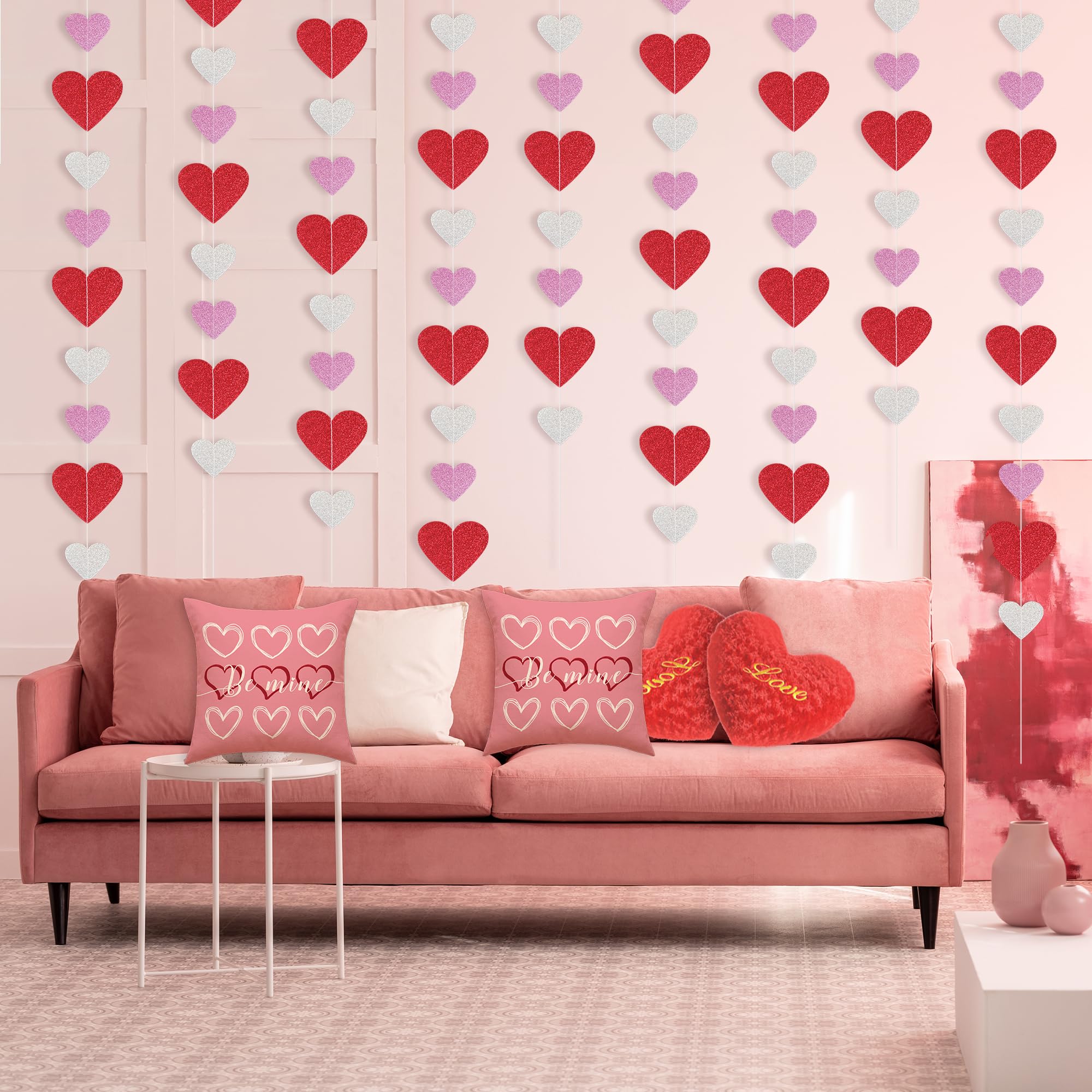 8 Packs Red Pink Silver Glitter Heart Garland String - Valentine's Day Decorations for Home, Mantle, Wedding, Anniversary & Birthday Party - Romantic Heart Banner for Wall, Ceiling, Door & Photo Backdrop