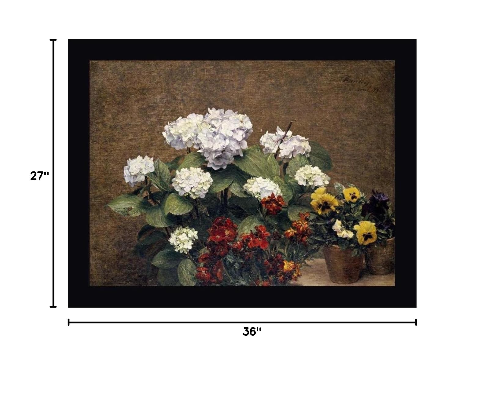 Henri Fantin-Latour Floral Art Print - Hydrangeas Wallflowers & Pansies Framed Canvas 27x36 Inch - Black Frame Ready to Hang - Perfect for Living Room Bedroom or Office Decor