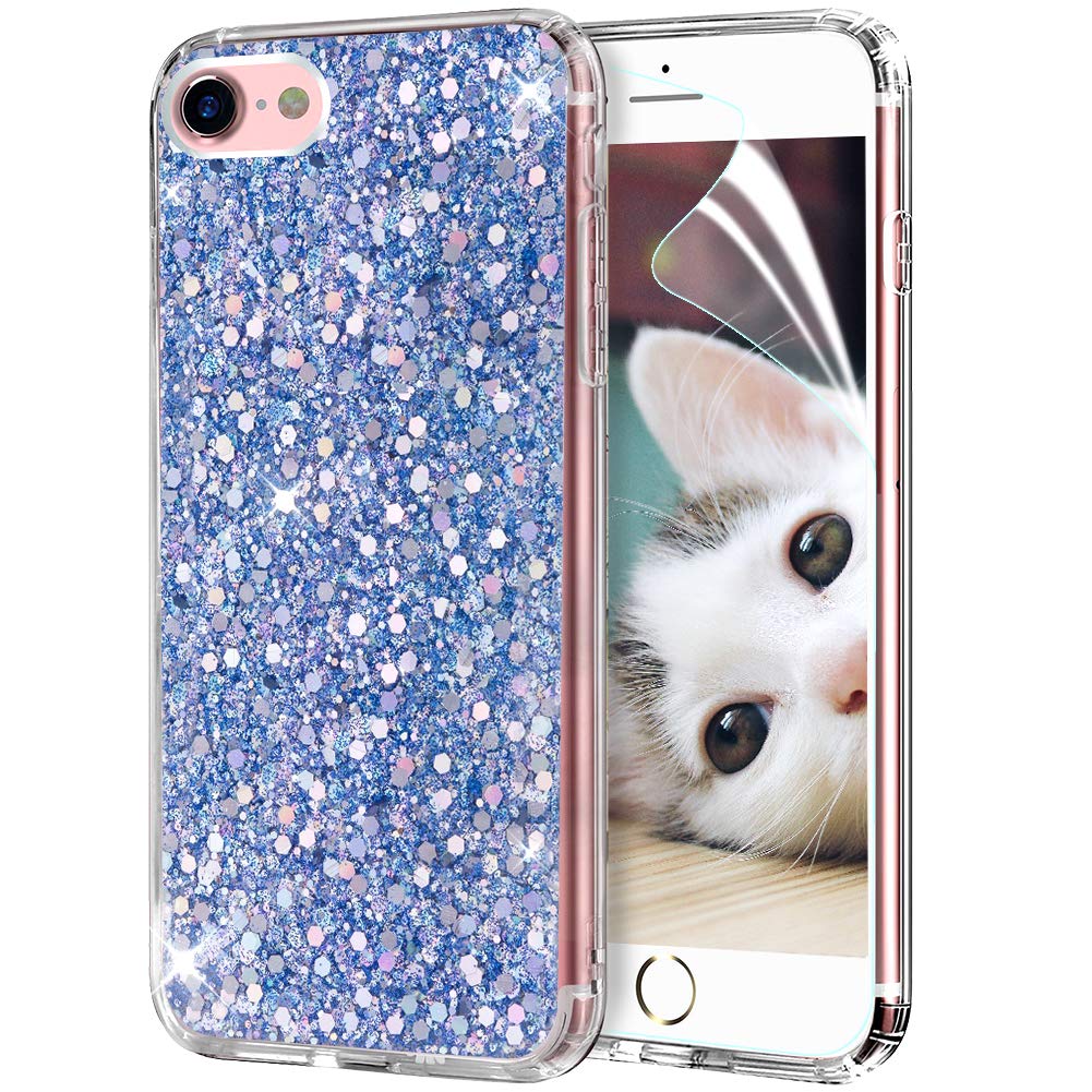 OKZone Sparkle Glitter iPhone 8/7 Case with HD Screen Protector - Slim Fit Soft TPU Gel Silicone Cover, Anti-Scratch Protective Phone Case for iPhone 8/7 4.7 Inch (Blue) | Perfect for Everyday Use, Parties & Gift Giving