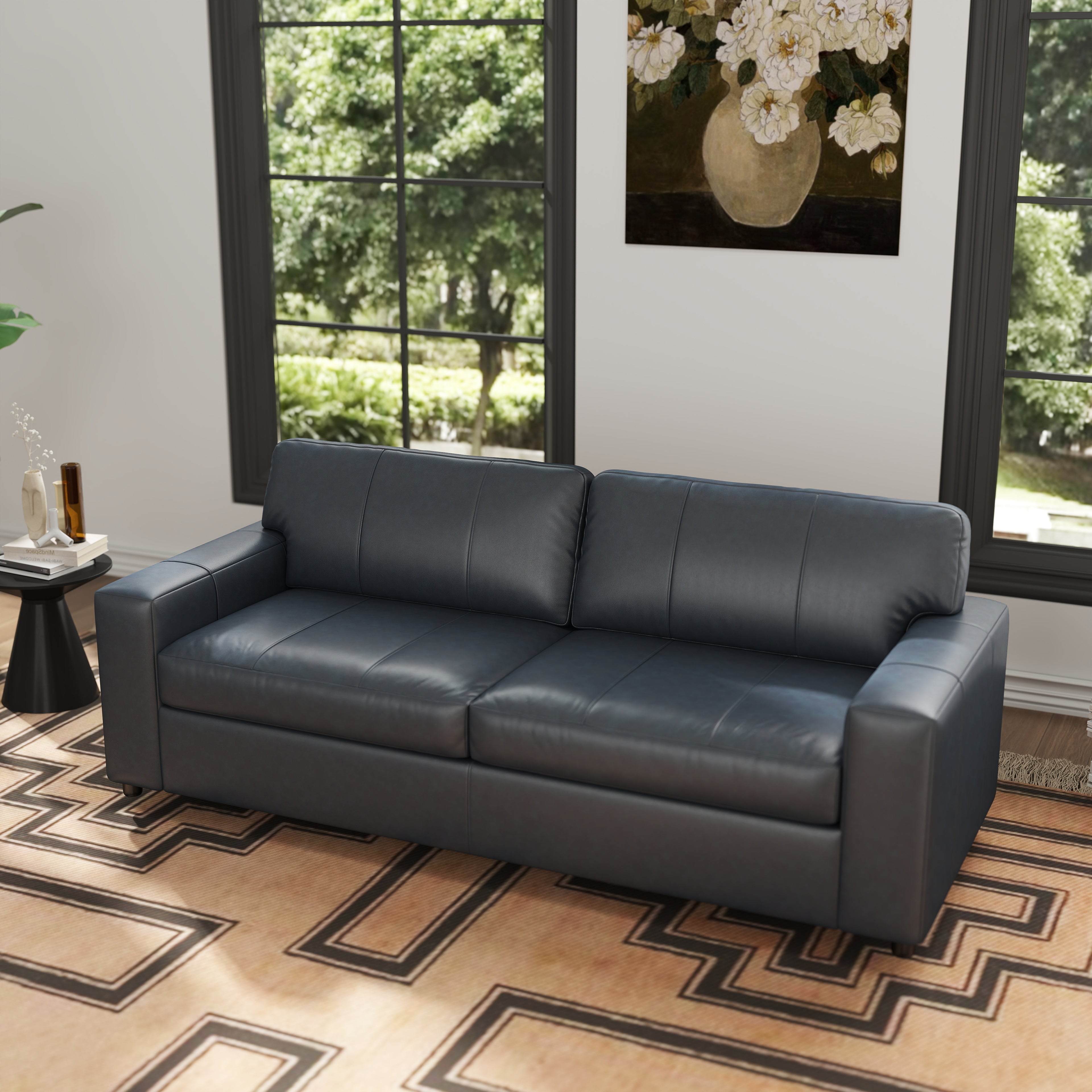 Roundhill Furniture Sakan Genuine Leather Upholstered Sofa - Modern Living Room Couch for Home, Office & Lounge Comfort