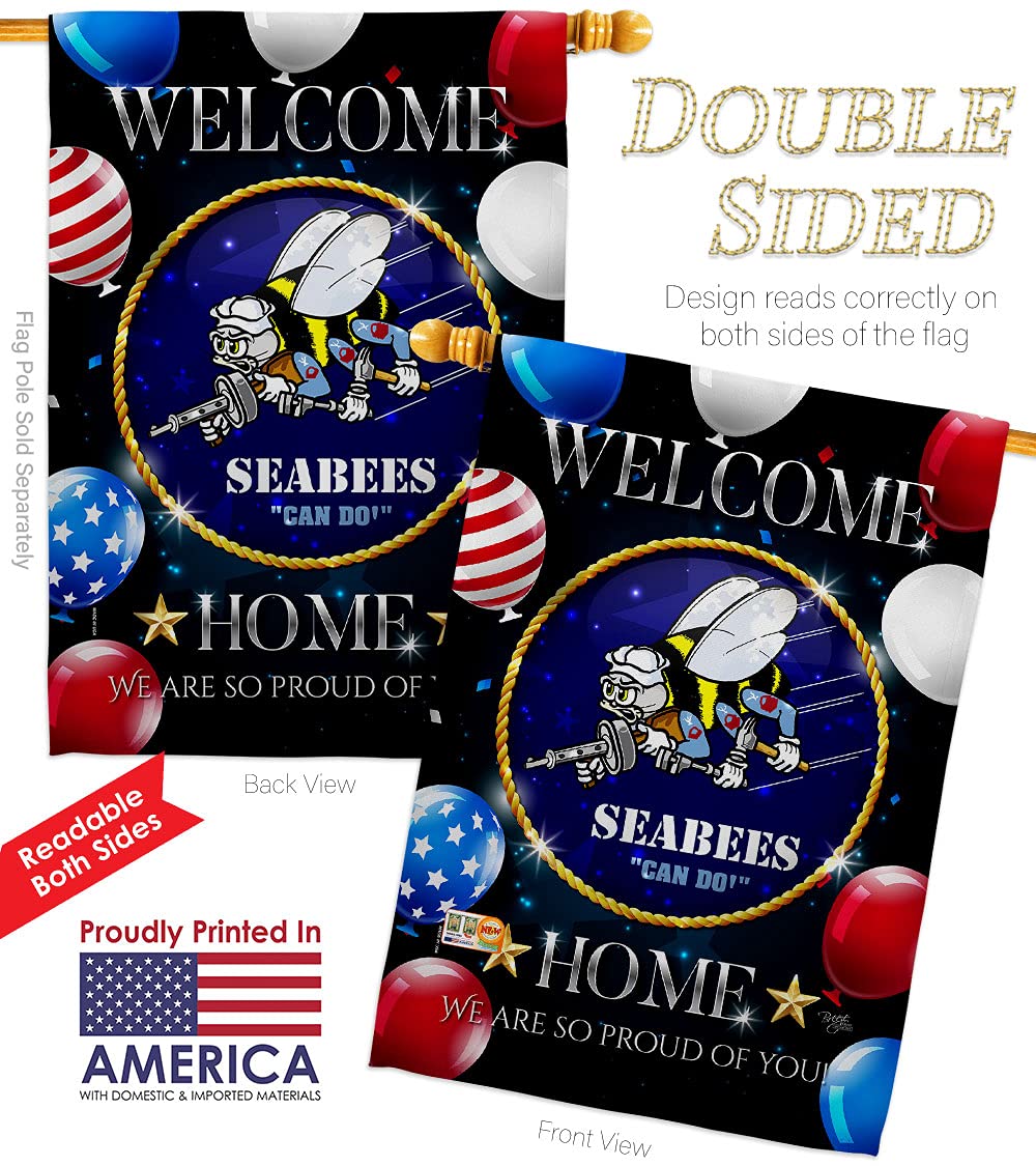 Navy Welcome Home Seabee Garden House Flags Kit - Double-Sided 28x40 Inch US Military Veteran Yard Banner - Armed Forces USN Patriotic Decor Made in USA - Perfect for Front Yard, Porch & Military Homecoming Celebrations