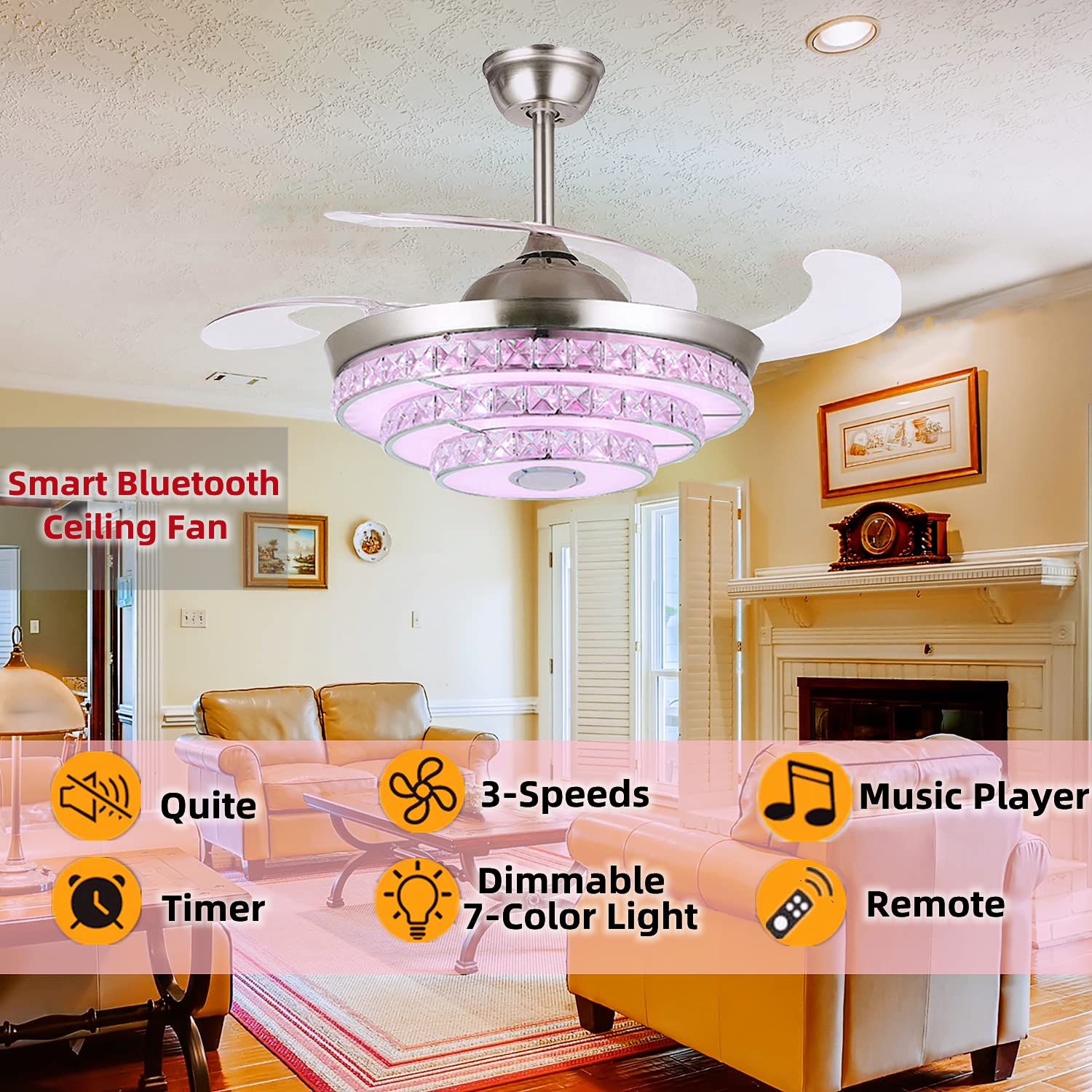 RuiWing 42 Inch Smart Ceiling Fan with LED Light and Bluetooth Speaker - Modern Crystal Chandelier Fan with 7 Color Changing Lights, Retractable Blades, Remote Control & 3 Silent Speeds - Perfect for Living Room, Bedroom, and Outdoor Patio