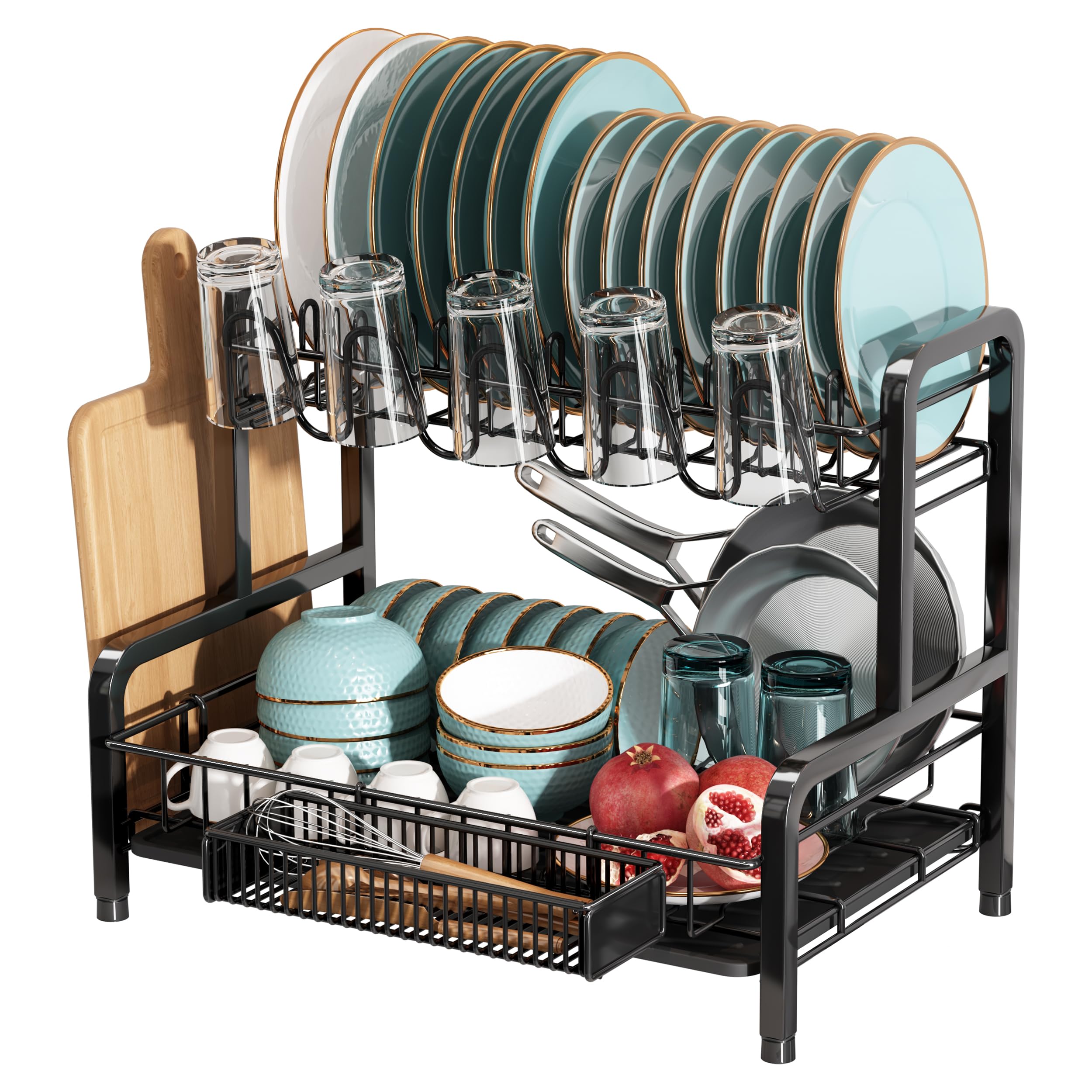 BOOSINY 2-Tier Stainless Steel Dish Drying Rack & Drainboard Set - Large Kitchen Counter Organizer with Cup Holder, Utensil Holder & Dish Strainer Shelf (Black) | Perfect for Small Kitchens, Apartments & RV Use