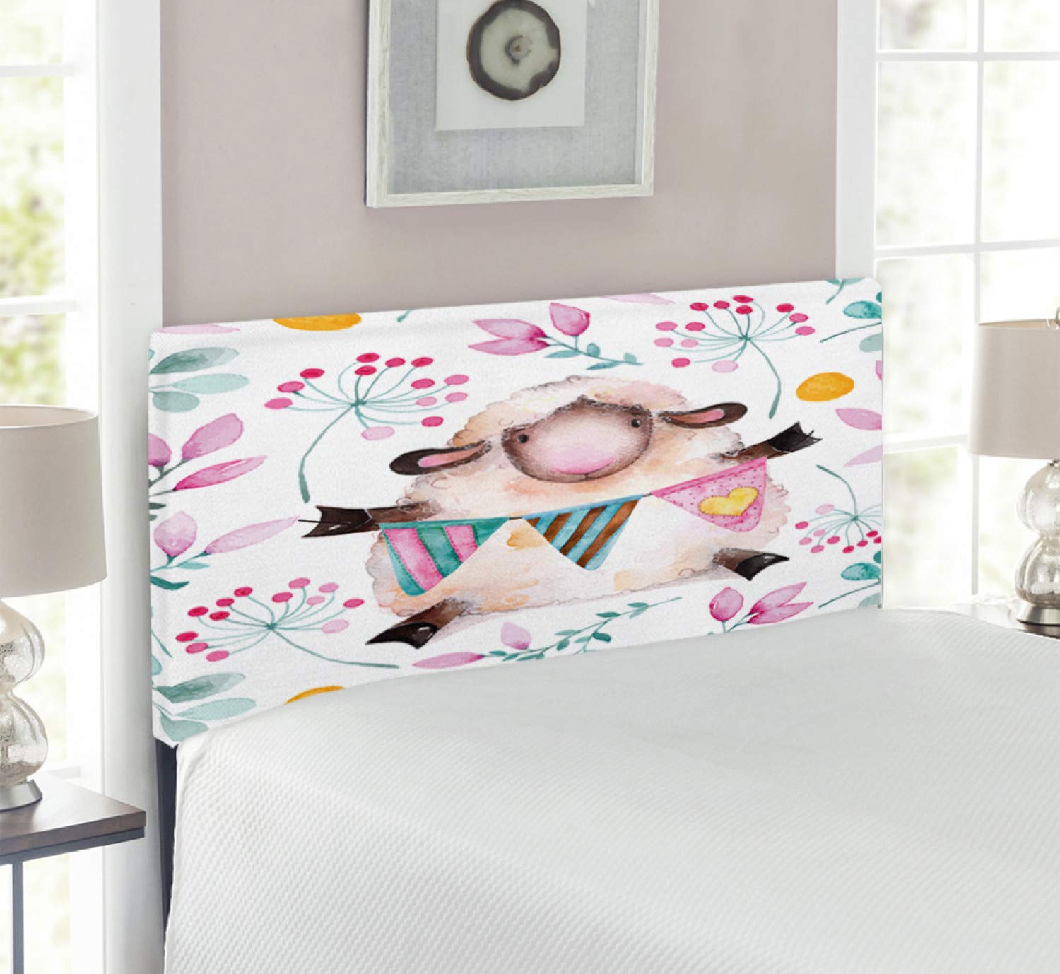 Ambesonne Modern Upholstered Headboard - Watercolor Romantic Floral Print with Cartoon Sheep & Branches, Twin Size, Multicolor | Decorative Metal Bed Headboard with Memory Foam for Cozy Bedroom Decor