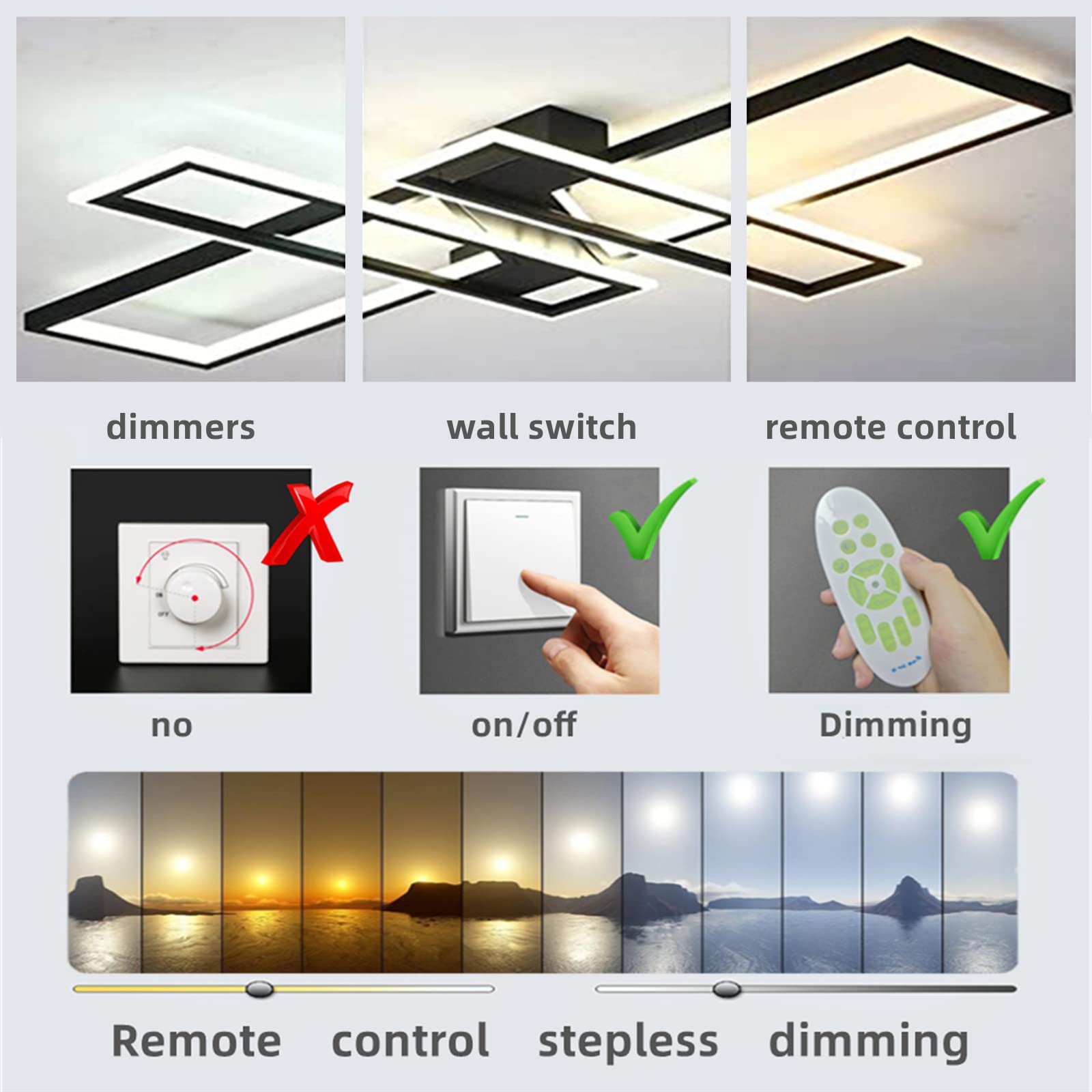 35.4 Inch Modern Black Dimmable LED Ceiling Light Fixture - 94W Rectangular Chandelier with Remote Control, Flush Mount Geometric Lighting for Dining Room, Living Room & Bedroom | Perfect for Contemporary Home Decor and Ambient Lighting