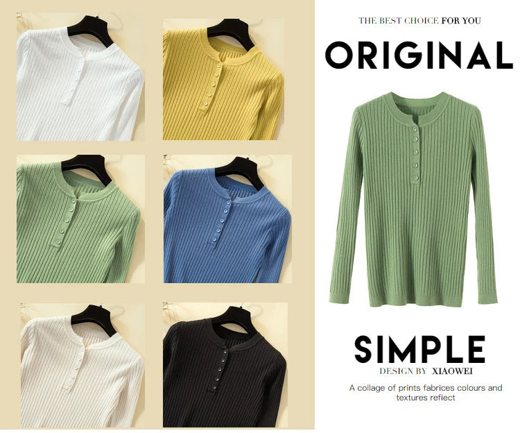 Button Basic Slim Knitted Pullover Sweater for Women - Soft Comfortable Lightweight Casual Tops for Fall & Winter - Perfect for Office, Dating and Weekend Outfits