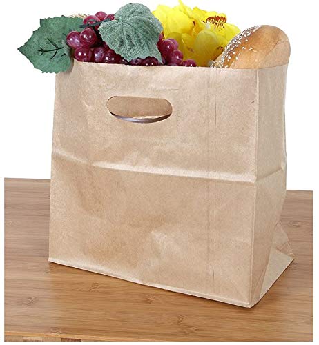 Eco-Friendly Kraft Paper Takeout Bags with Die-Cut Handles - Pack of 50 | Natural Brown Disposable Food Bags for Restaurants, Cafes & Catering | Perfect for Takeaway Meals, Groceries & Party Favors