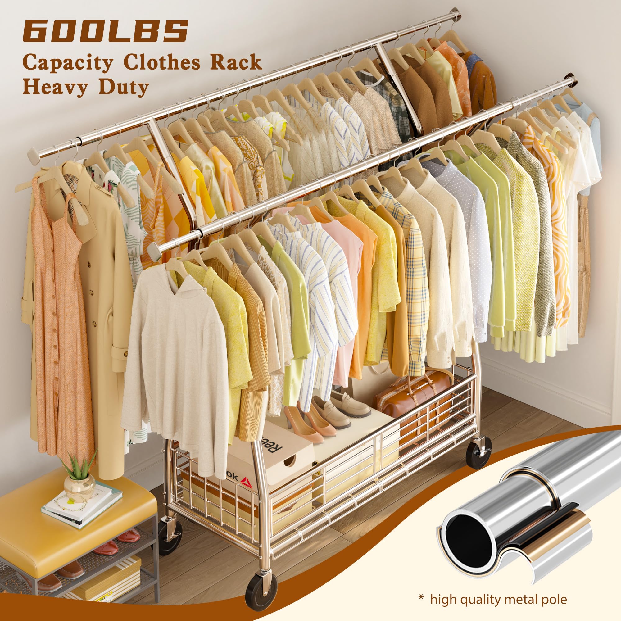 Raybee Heavy Duty Clothes Rack - 600LBS Capacity Commercial Garment Rack with Sturdy Wheels, Adjustable Shelves & Double Rods | Portable Clothing Rack for Retail Stores, Boutiques, Home Closet Organization & Laundry Room Storage