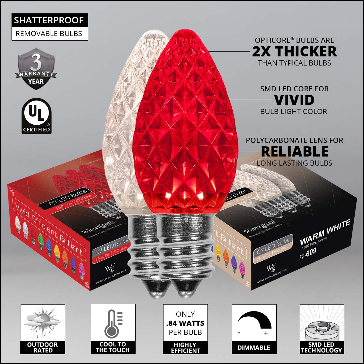 OptiCore LED C7 Christmas Lights - Red & Warm White for Pathway & Driveway