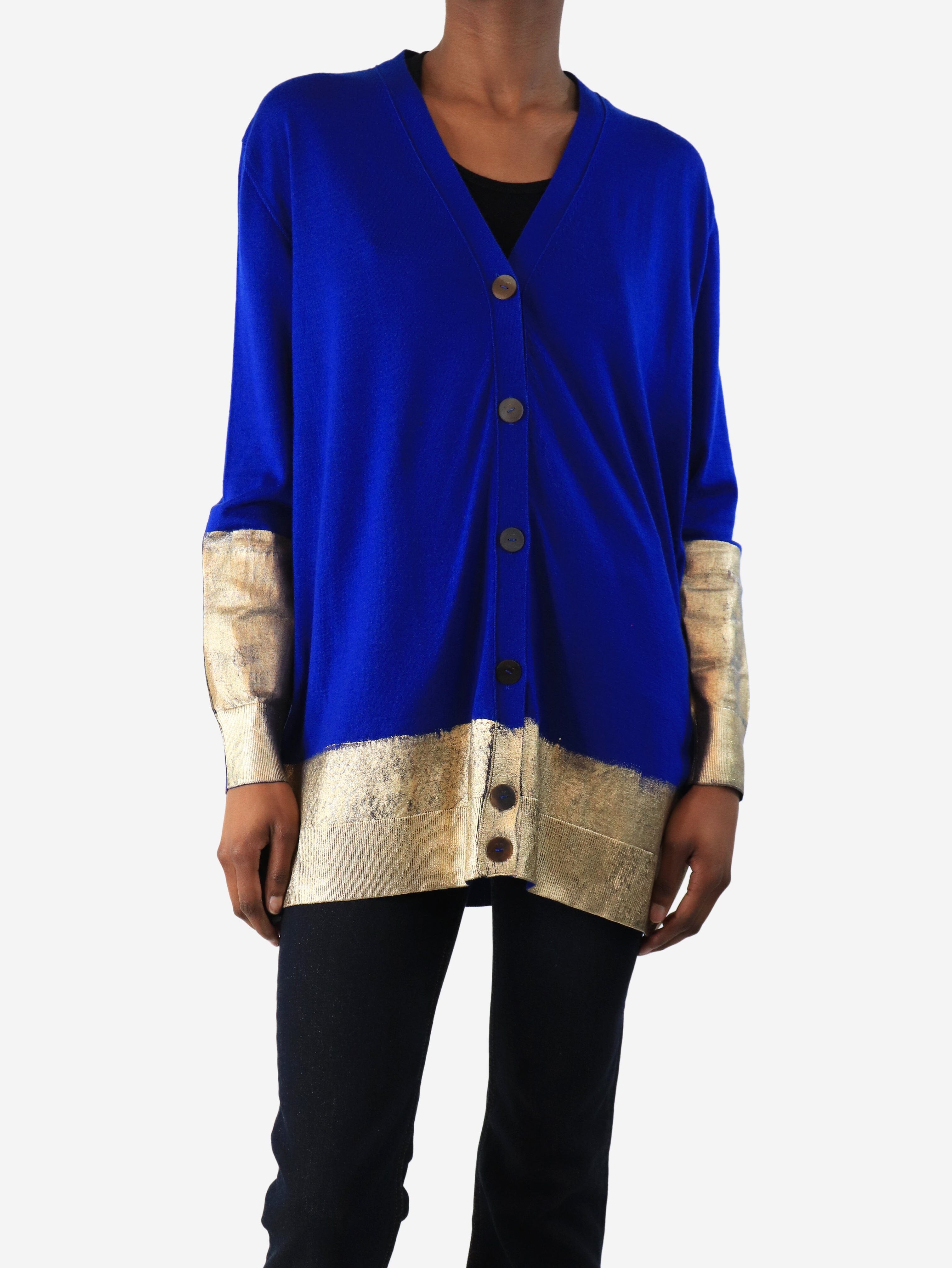 Blue and Gold Hem Detail Cardigan for Women - Size XS | Cozy Knit Sweater for Casual Wear & Layering