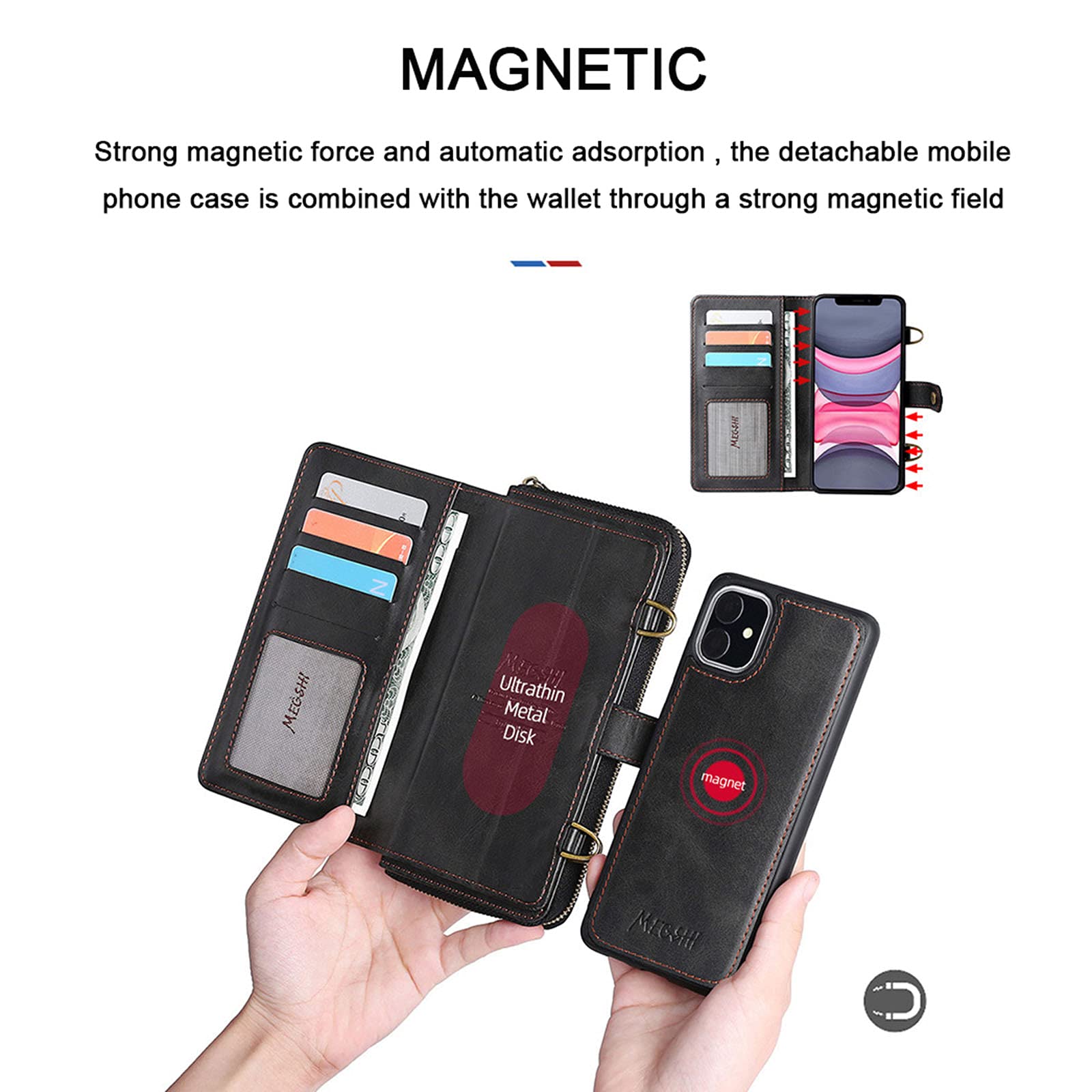 Multi-Function Wallet Phone Case for iPhone 12 with Crossbody Chain Strap - 13 Card Slots, 3 Cash Pockets & Zippered Wallet | Perfect for Travel, Shopping & Everyday Use