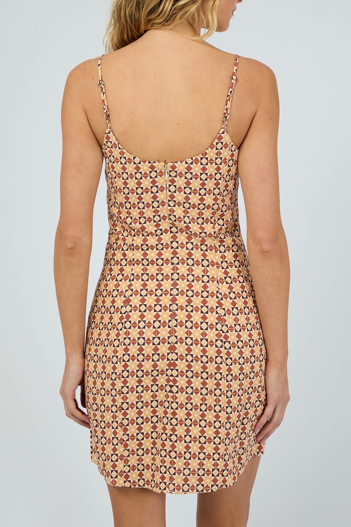 Belize Brown Geo Print Mini Dress - Stylish Floral Pattern Summer Dress for Women, Perfect for Beach Vacations & Date Nights