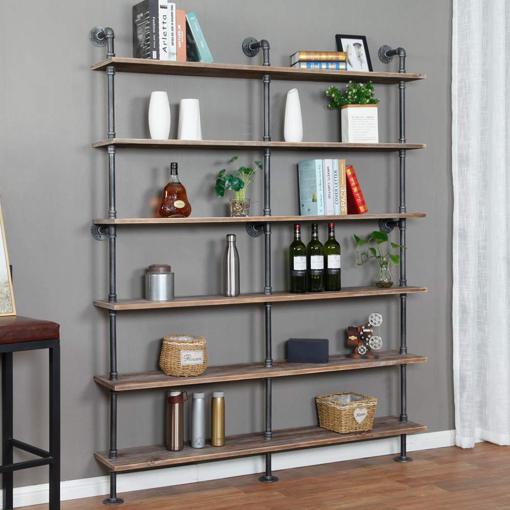 WGX Industrial 6-Tier Modern Ladder Shelf Bookcase - Solid Wood Storage & Display Shelving - Wall Mounted Pipe Wood Shelves with Vintage Wrought Iron Finish (Gray) - Perfect for Living Room, Bedroom, Office & Home Decor