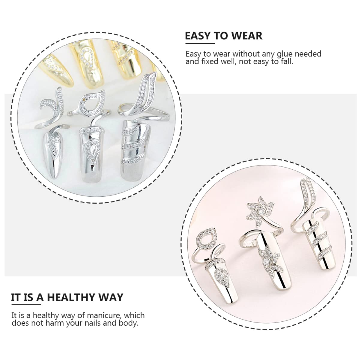 FRCOLOR Silver Gothic Nail Rings for Women - Metal Fingernail Cover Rings with Rhinestones | Elegant Nail Jewelry for Parties, Halloween & Gothic Fashion