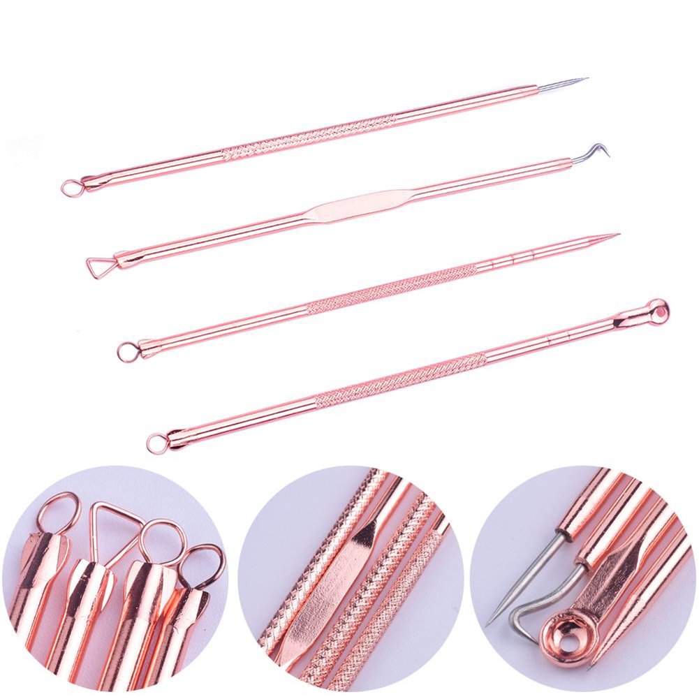 AKOAK 4-Piece Rose Gold Plated Double Head Acne Needle & Blackhead Remover Tool Set - Portable Skin Care Kit for Face, Nose & Body - Perfect for Home Spa, Travel & Professional Use