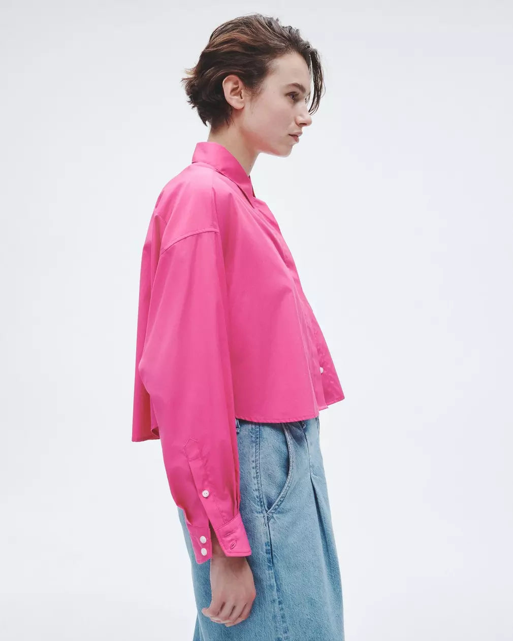 Beatrice Women's Cotton Poplin Crop Shirt - Bright Pink Short Sleeve Blouse for Summer, Casual Wear & Beach Outfits