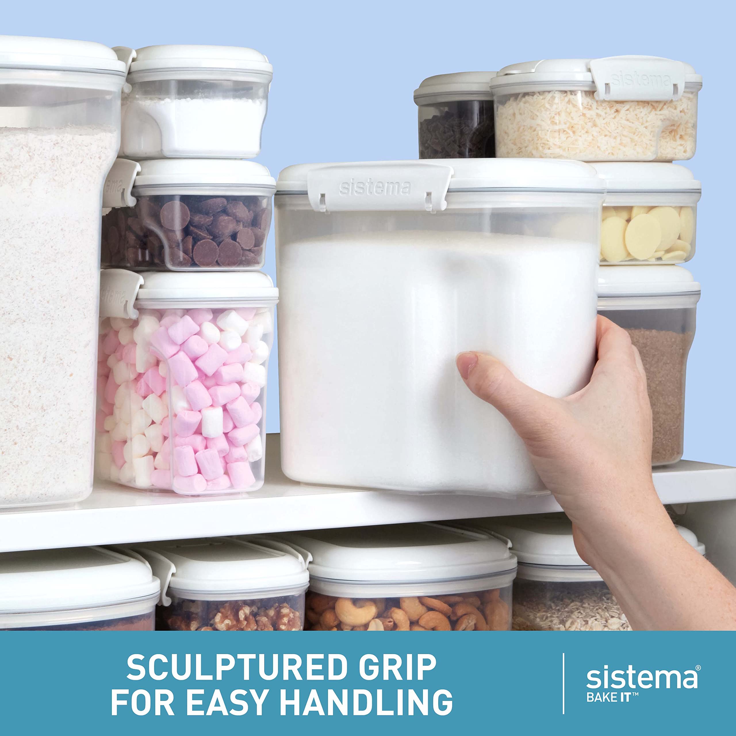 Sistema Klip It Flour and Sugar Storage Containers - 10.2 Cup Airtight Food Storage with Lids & Measuring Cup - BPA Free, Dishwasher Safe Kitchen Organization for Pantry, Baking Supplies, Coffee, Rice & Dry Goods (White) - Perfect for Home Baking, Meal Prep & Kitchen Storage
