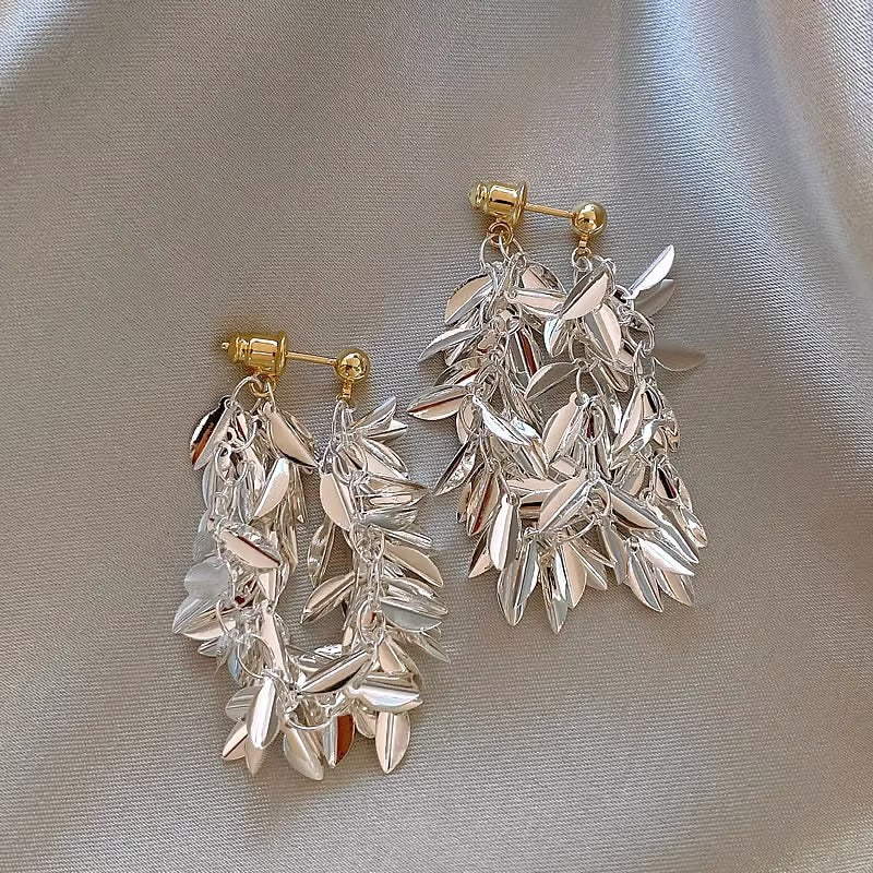 Luxury Sequin Metal Tassel Leaf Drop Earrings for Women - Elegant Party Jewelry, Evening Wear Accessories, Prom & Wedding Dangle Earrings | A8791