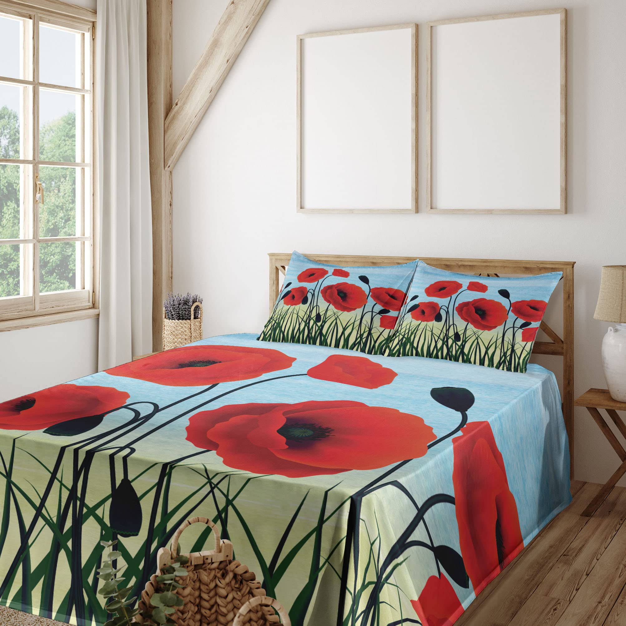 Ambesonne Poppy Flower Bed Sheet Set - 4 Piece King Size with Digitally Printed Floral Design, Grass & Fields Pattern - Fitted Sheet, Flat Sheet & 2 Pillowcases in Vermilion Charcoal Grey - Perfect for Master Bedroom, Guest Room & Vacation Home Decor