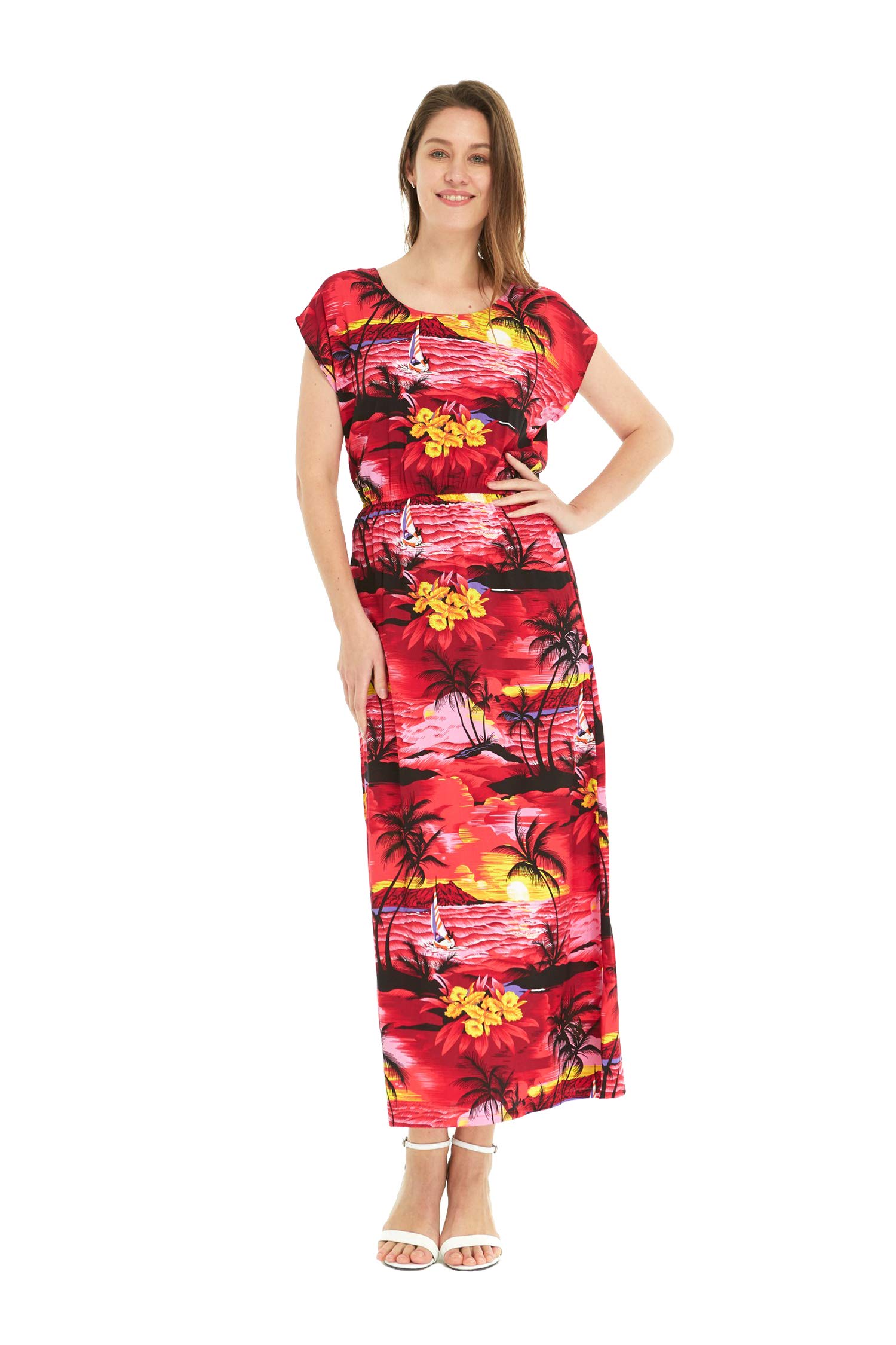 Women's Hawaiian Luau Cap Sleeve Maxi Dress - Floral Print Beach Sunset Design | Perfect for Summer Vacations, Beach Parties & Tropical Getaways