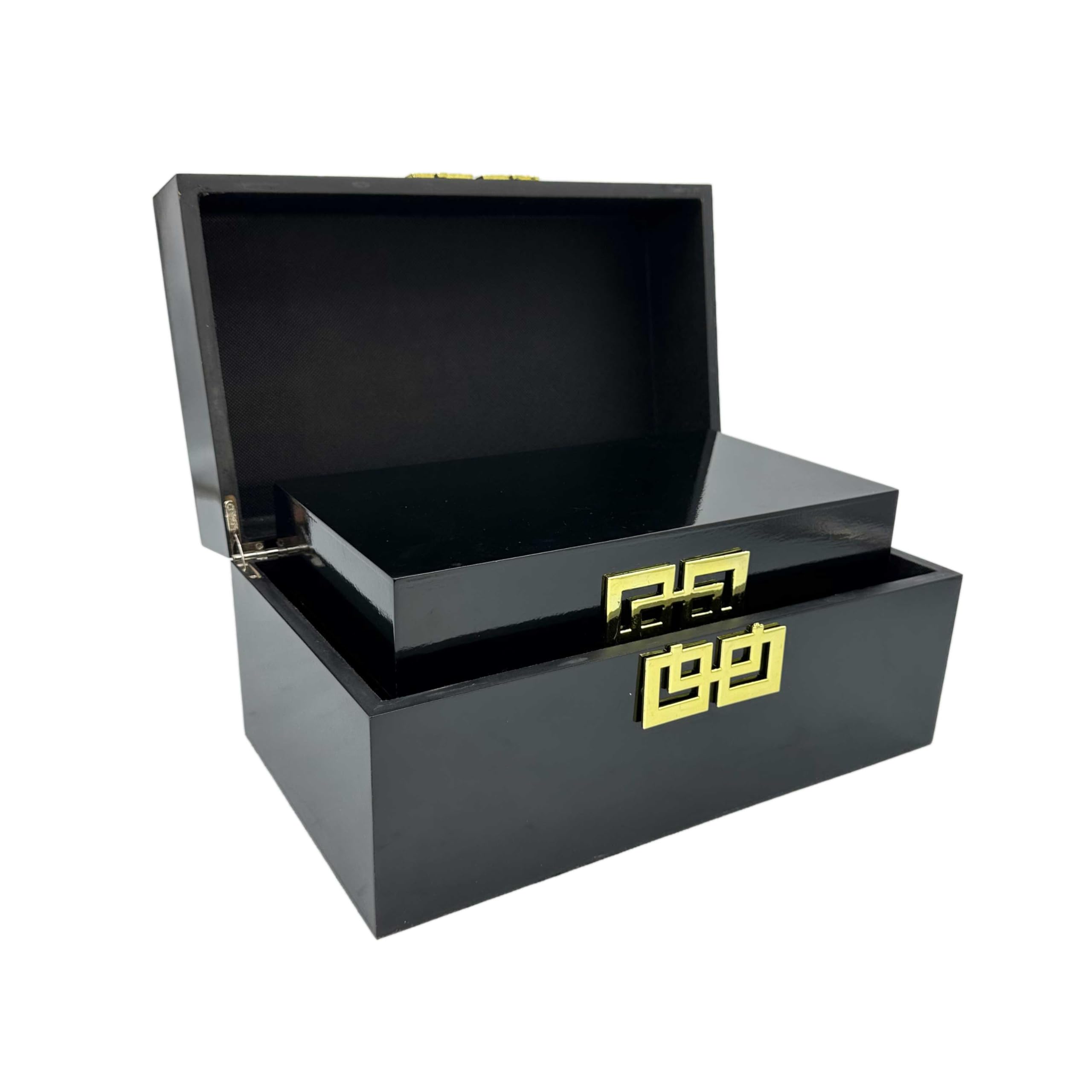 Decorative Wood Storage Box Set with Hinged Lid & Geometric Clasp - Classic Black & Gold Home Decor for Bedroom, Living Room & Office - Set of 2 (Perfect for Jewelry, Keepsakes & Home Organization)