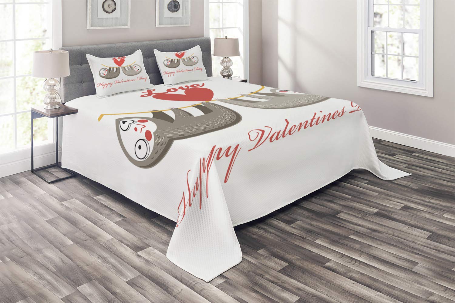 Ambesonne 3-Piece King Size Sloth Coverlet Set - Tropical Animals & Valentine's Day Theme Quilted Bedspread with 2 Pillow Shams in Warm Taupe, Vermilion & Marigold | Romantic Bedroom Decor for Girls, Cozy Home Living Room Throw Blanket