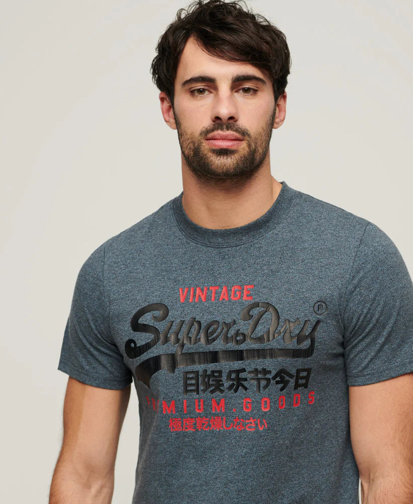 Vintage Logo Duo Tee - Soft Cotton Unisex T-Shirt with Retro Print in Blue Jaspe Color | Perfect for Casual Wear, Street Style & Retro Fashion Outfits