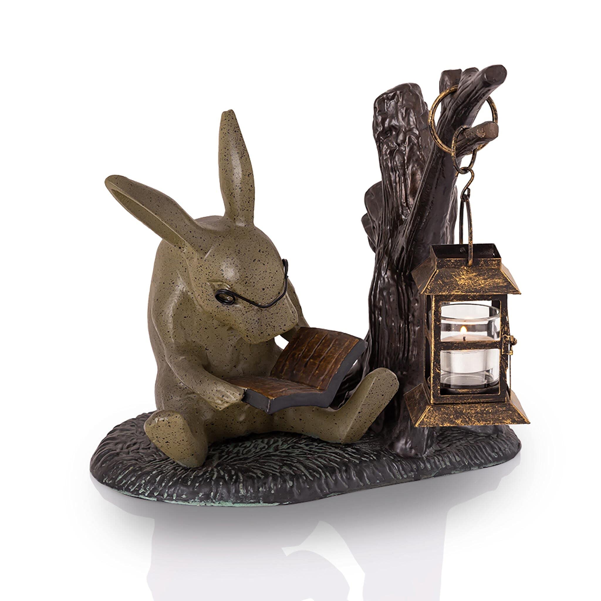 SPI Home Cast Aluminum Booklover Rabbit Garden Lantern Candle Holder Statue - Outdoor Decor for Patio, Garden & Bookshelf - Perfect Gift for Book Lovers & Home Decor Enthusiasts