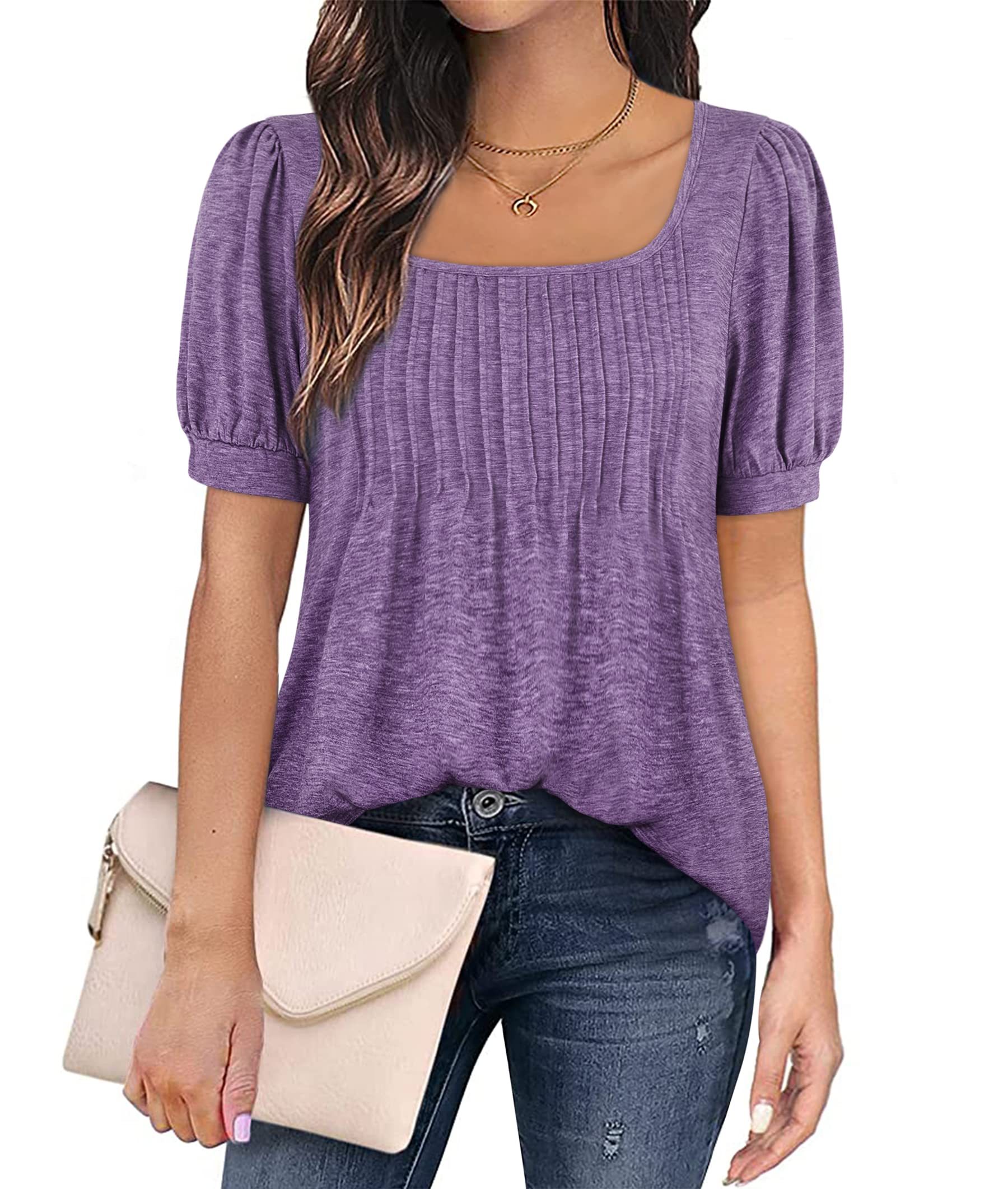 Zwurew Women's Summer Casual Puff Short Sleeve T-Shirt - Square Neck Pleated Flowy Tunic Top for Leggings (Sizes S-2XL) | Perfect for Yoga, Running & Everyday Wear