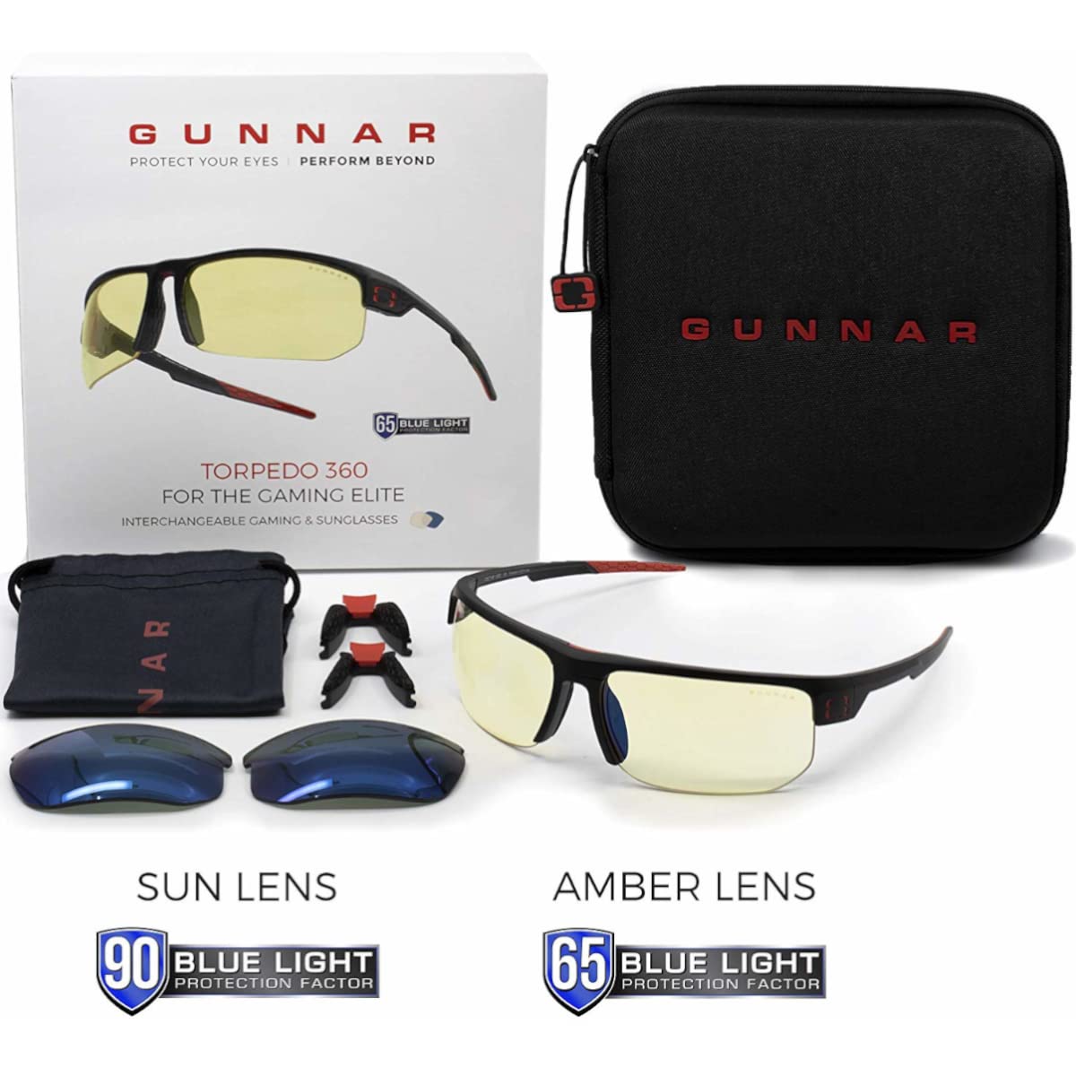 GUNNAR Torpedo 360/Onyx Gaming Glasses - Blue Light Blocking Glasses with 65% Blue Light Protection, UV400 Sun Lens & Anti-Reflective Coating - Reduce Eye Strain & Dryness for Gamers, Office Workers & Digital Screen Users