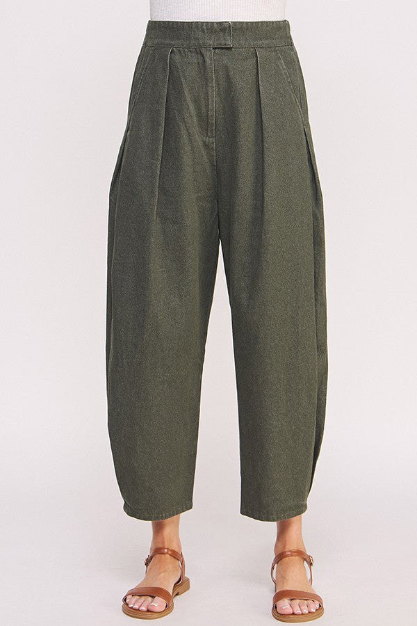 Olive Wash Barrel Leg Trousers for Women - High Waisted Wide Leg Pants | Comfortable Stretch Fabric | Perfect for Casual Wear, Office & Travel