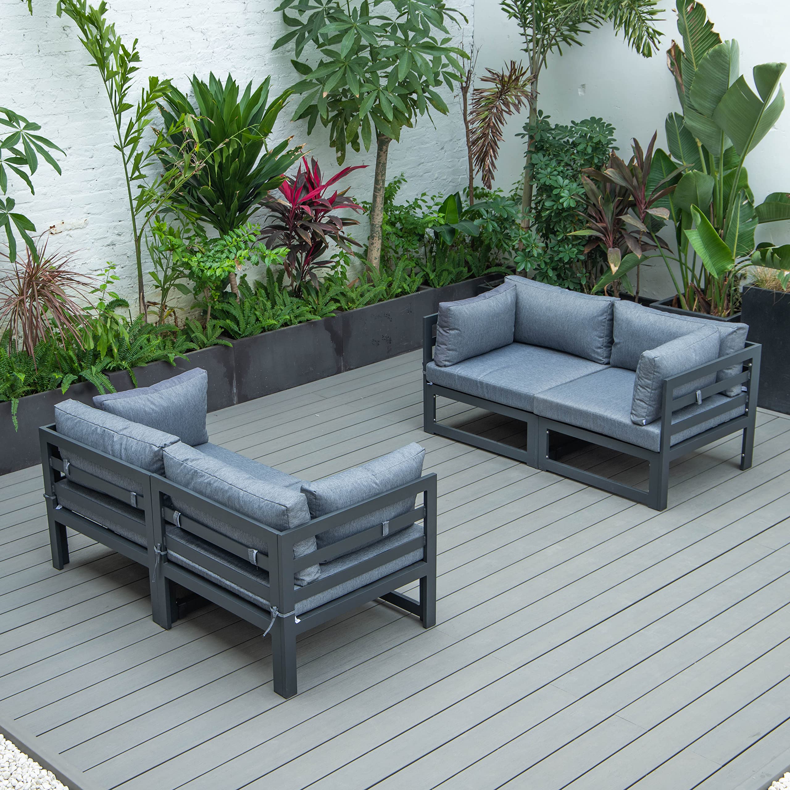 LeisureMod Chelsea 4-Piece Sectional Loveseat Set - Modern Black Aluminum Frame with Blue Cushions for Living Room, Lounge & Outdoor Patio Furniture