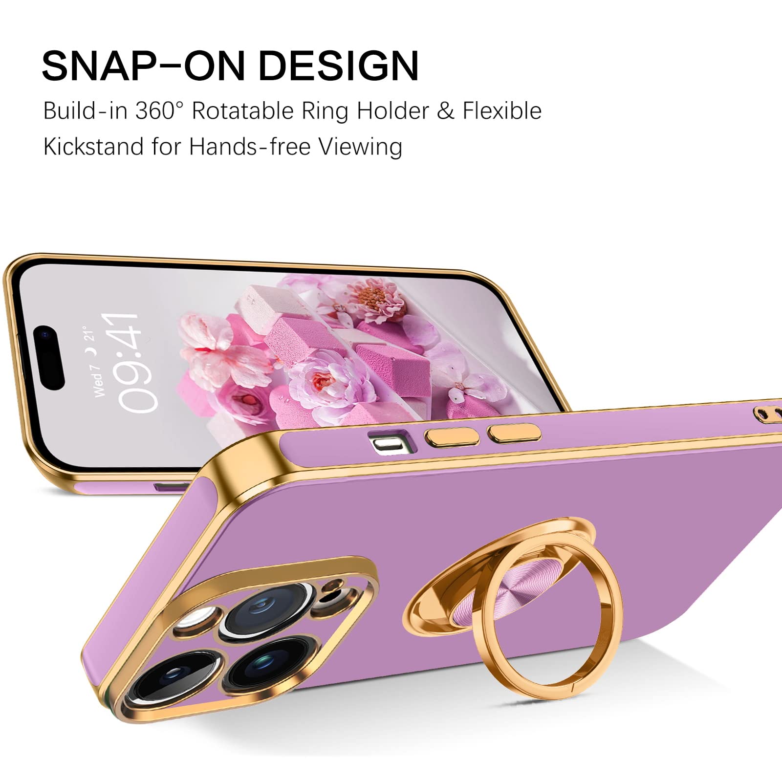 360° Rotating Kickstand iPhone 14 Pro Max Case - Shockproof TPU Bumper with Metal Ring Holder, Slim Flexible Protective Cover (Purple) - Perfect for Workouts, Travel & Everyday Use