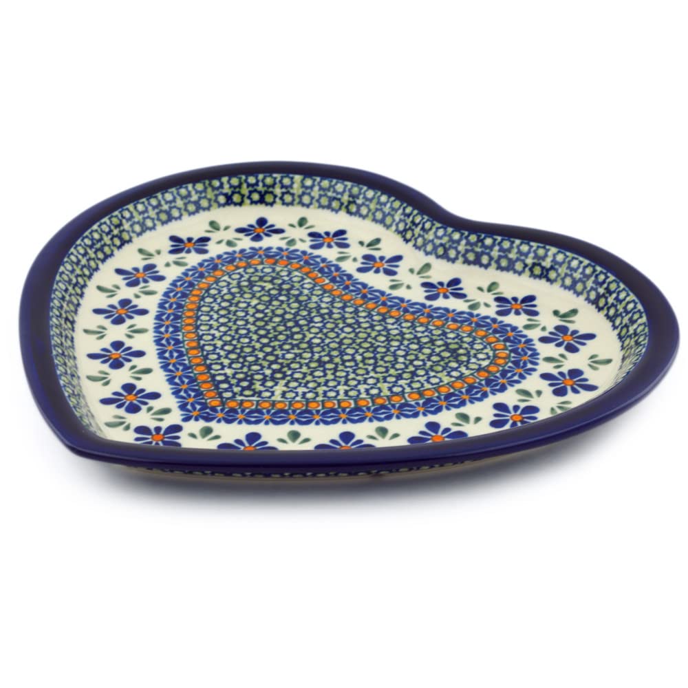 Handmade Blue Rose Polish Pottery Mosaic Heart Plate - Decorative Ceramic Dish for Home Decor, Wedding Gift & Wall Art Display